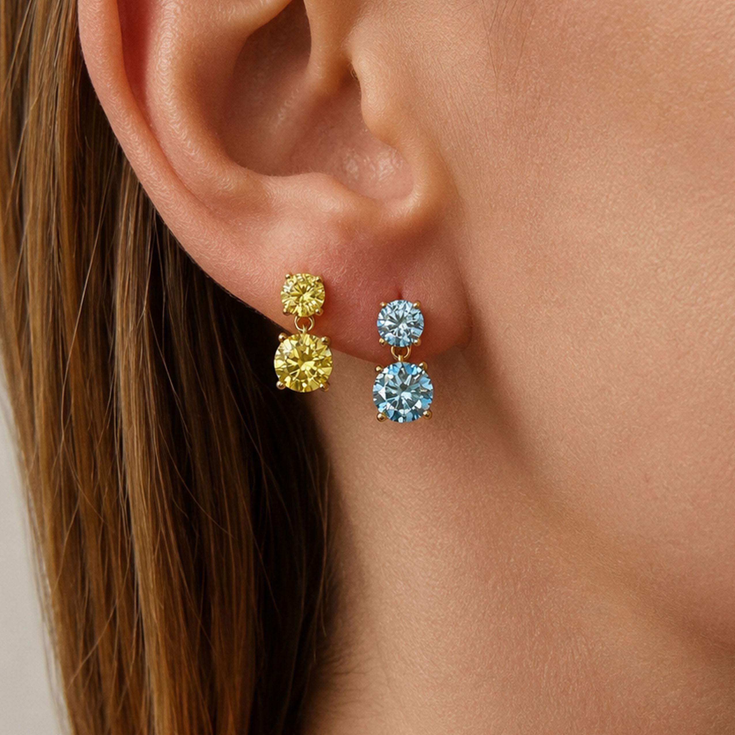 Swiss Blue Moissanite Double Drop Earrings in Platinum Overlay Sterling Silver