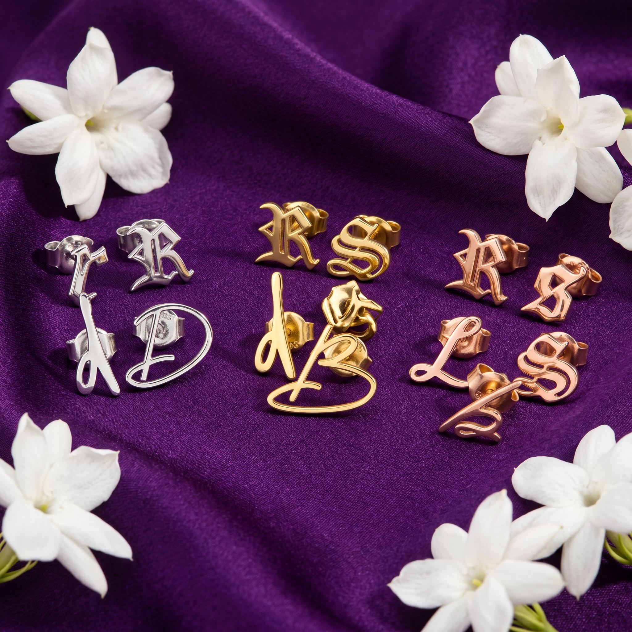 Custom Initial Stud Earring in Solid Gold with Old English Lettering
