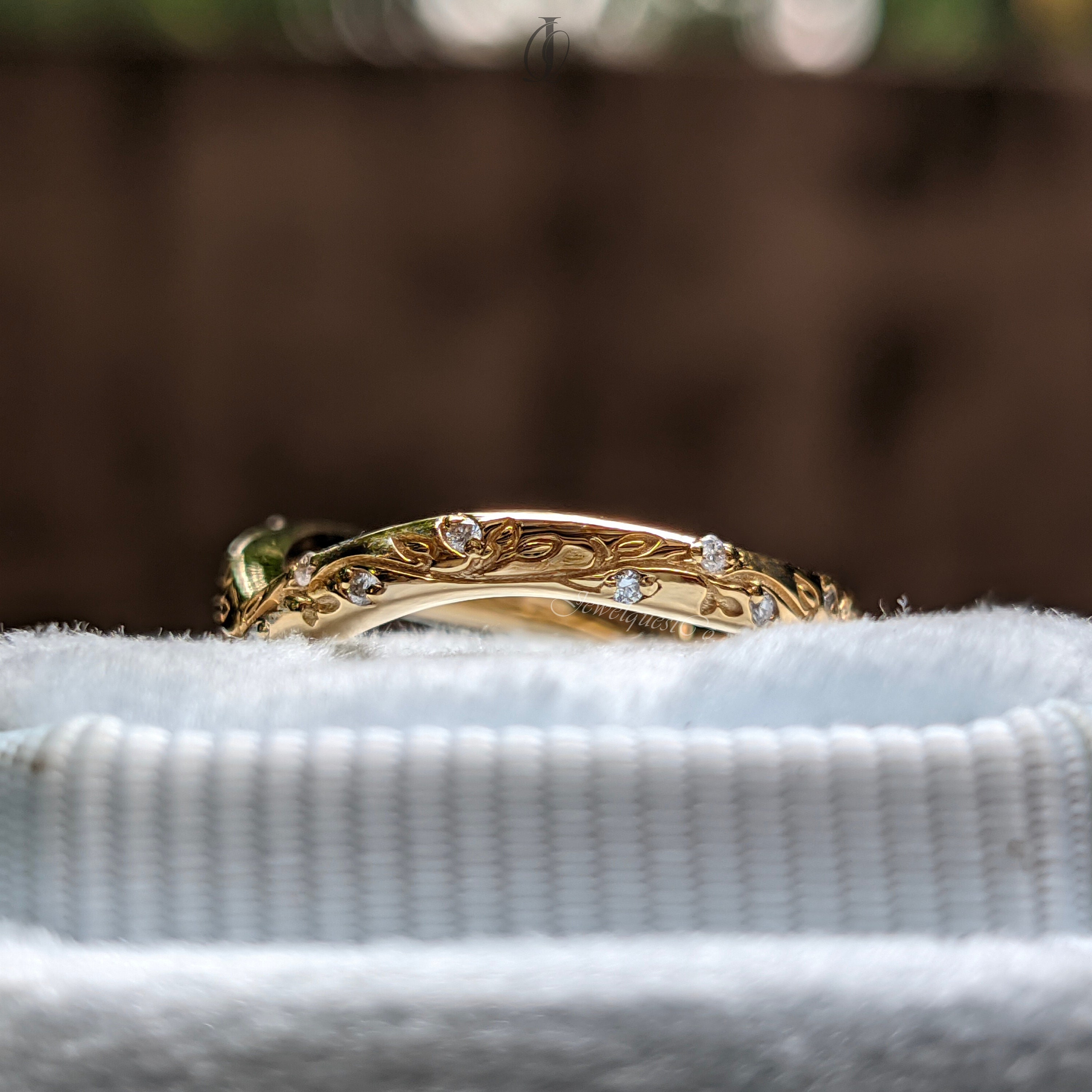 Chevron Leaf Moissanite Wedding Band in Solid Gold with Vine Engraving