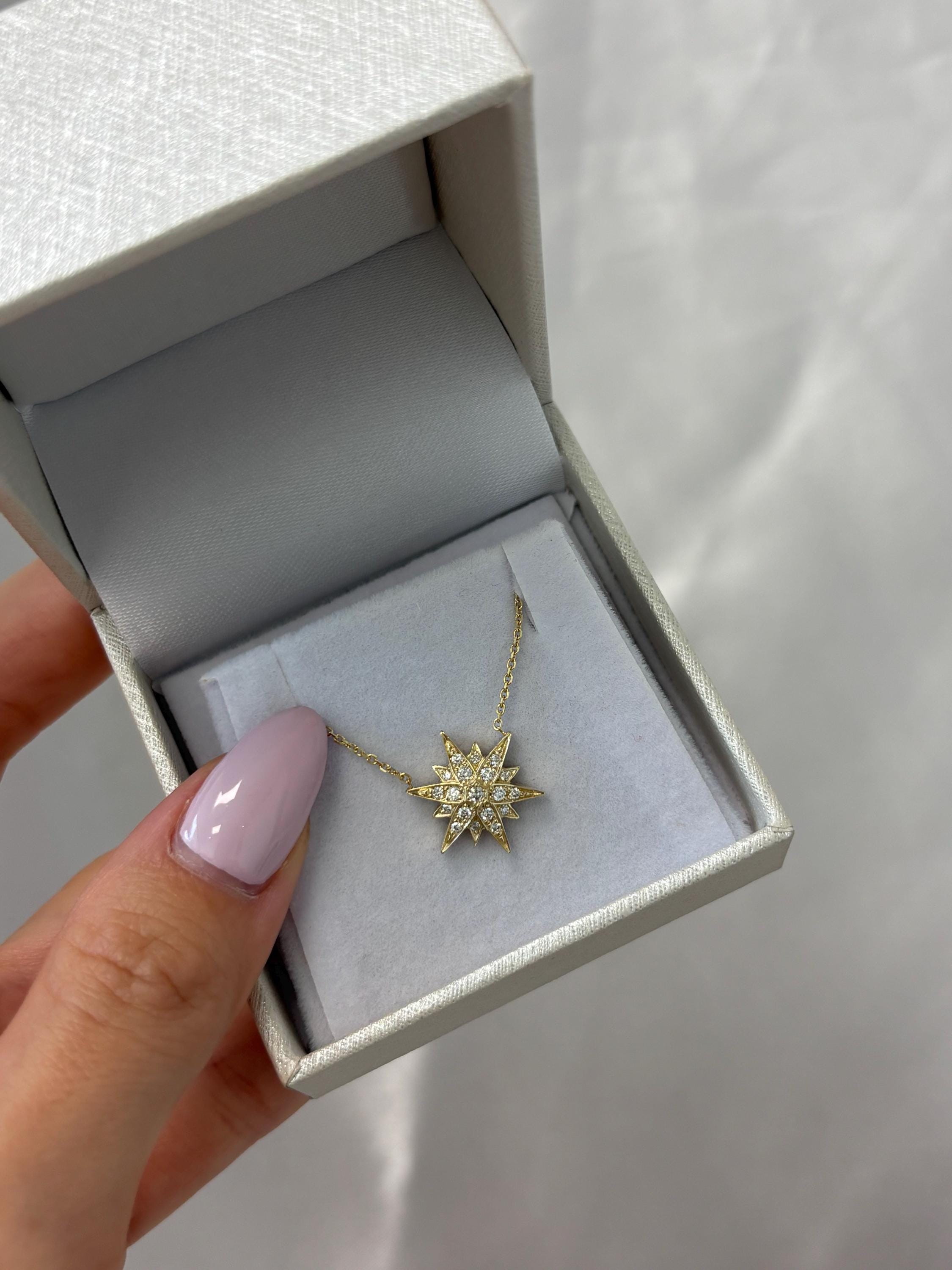 14K Solid Gold Starburst Diamond Pendant Necklace