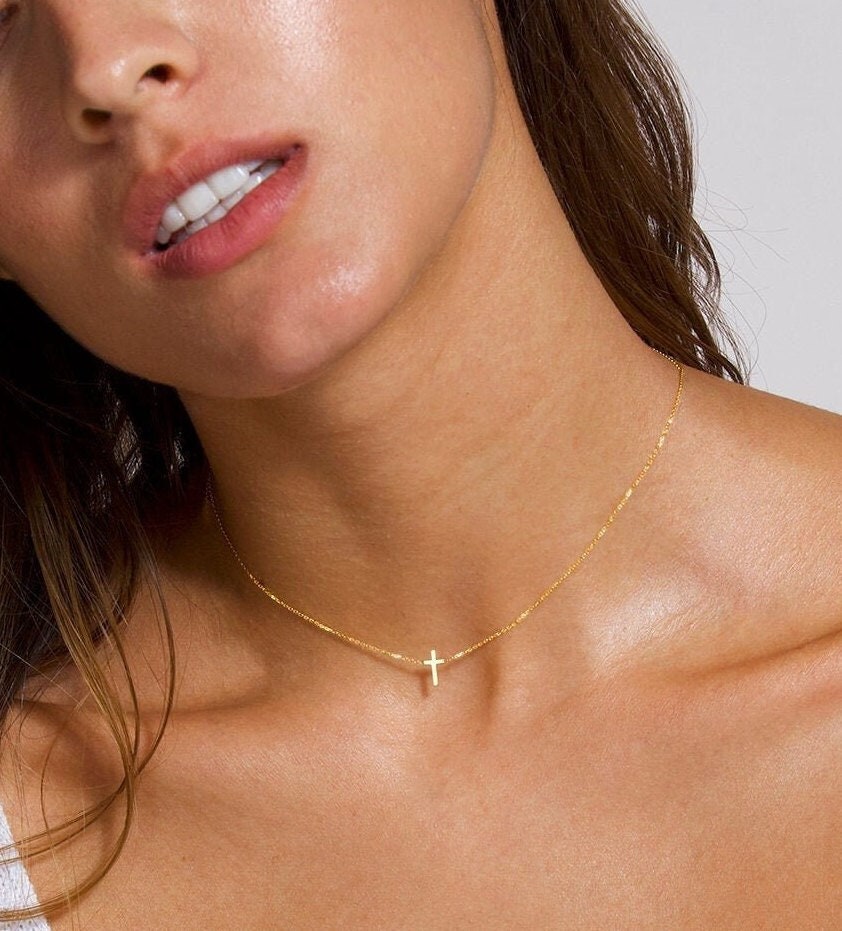 Dainty Cross 14K Solid Gold Choker Necklace