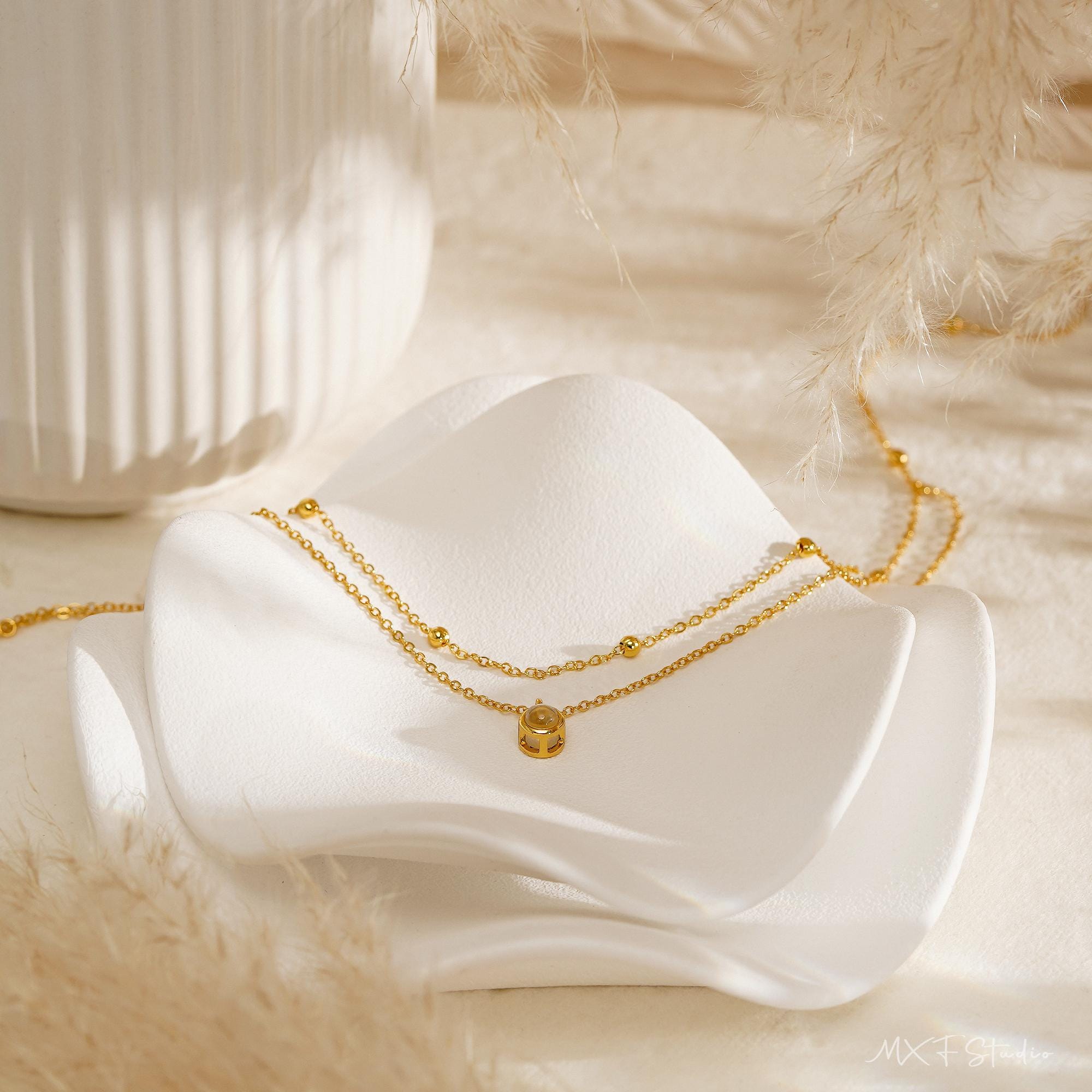 Double Chain Photo Projection Necklace with Layered Copper Pendant