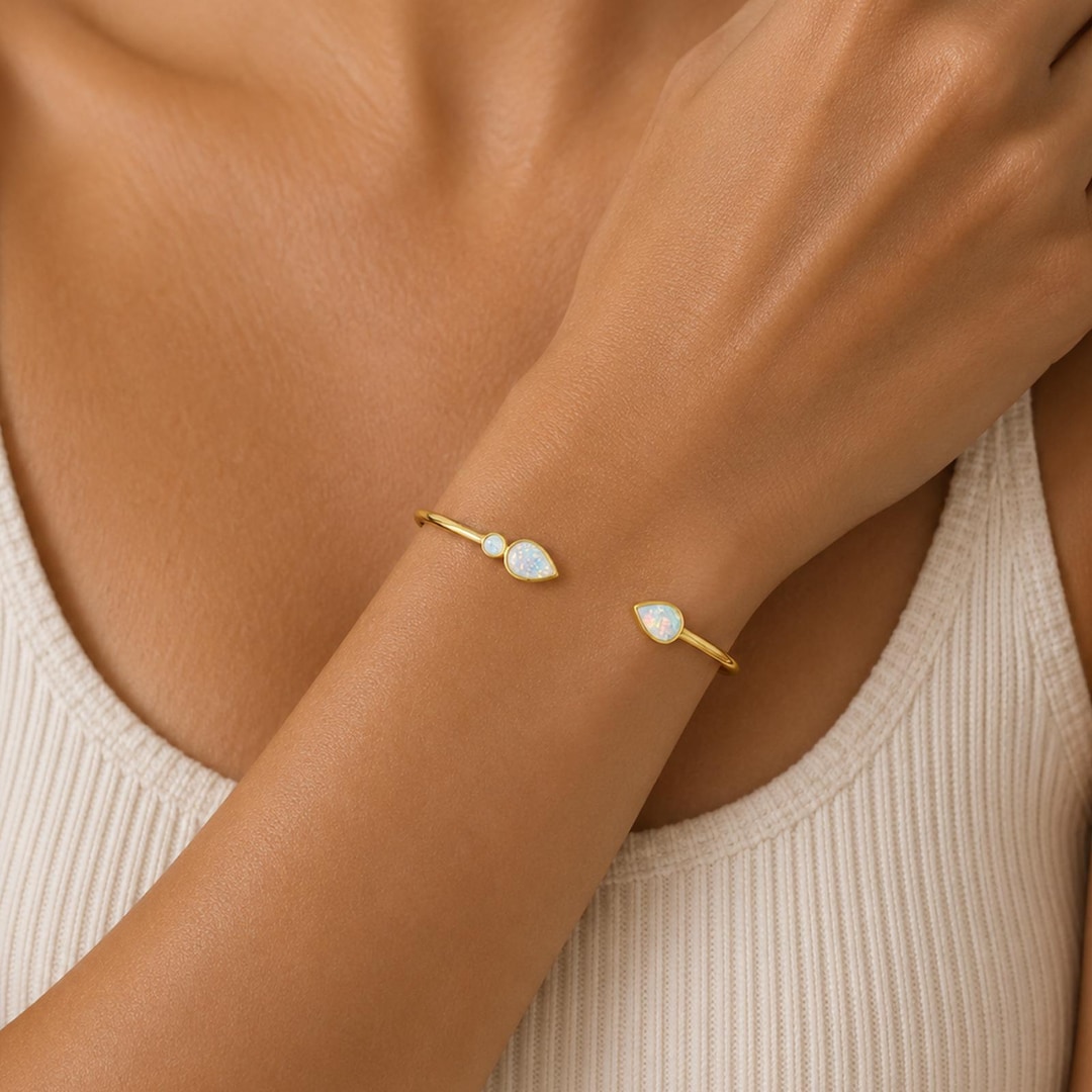 Personalized Opal Cuff Bangle in 18K Gold Plated Copper