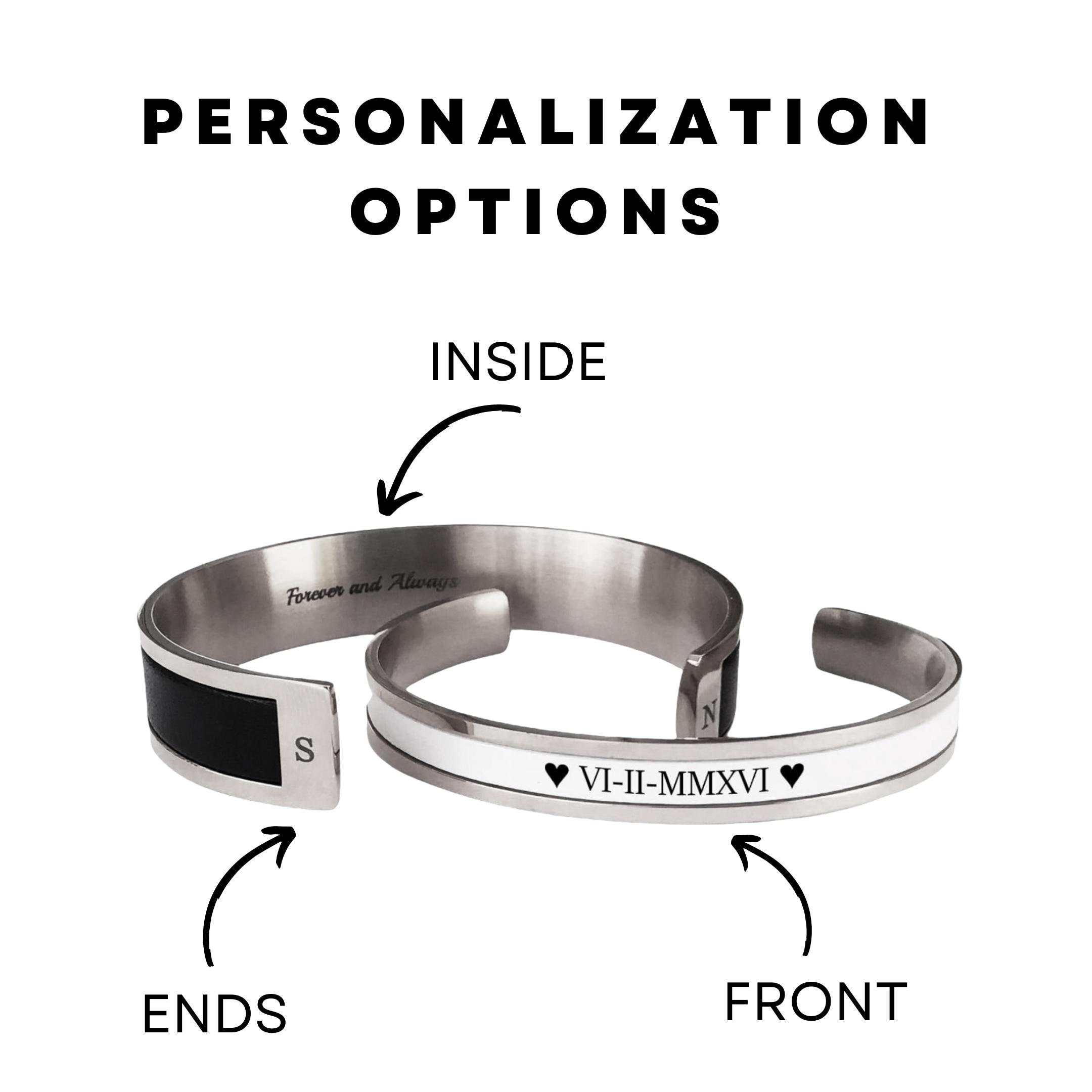 Custom Engraved Leather and Stainless Steel Couple Bracelet Set of 2