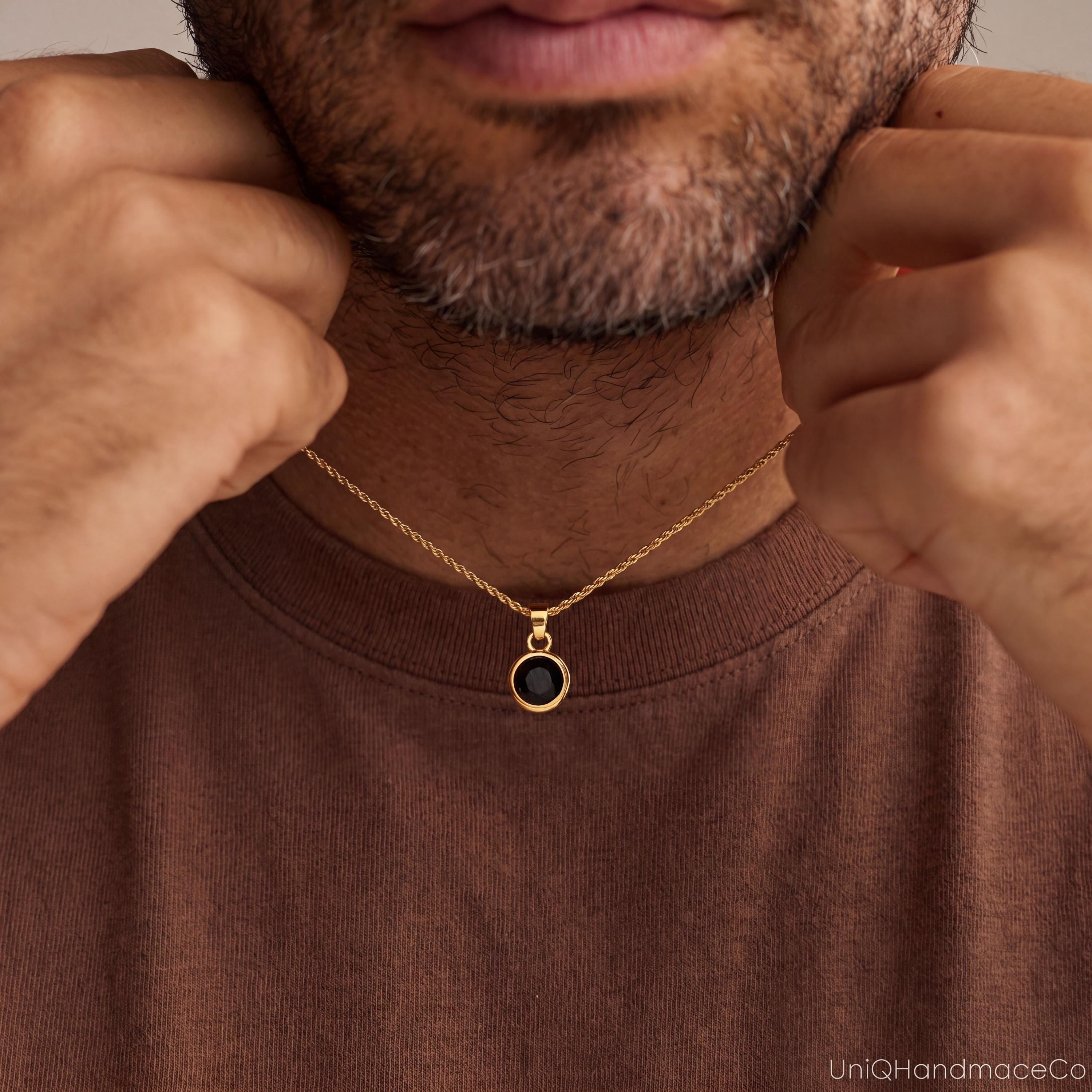 Men's Birthstone Necklace with Black Onyx or Tiger Eye on a Curb Chain