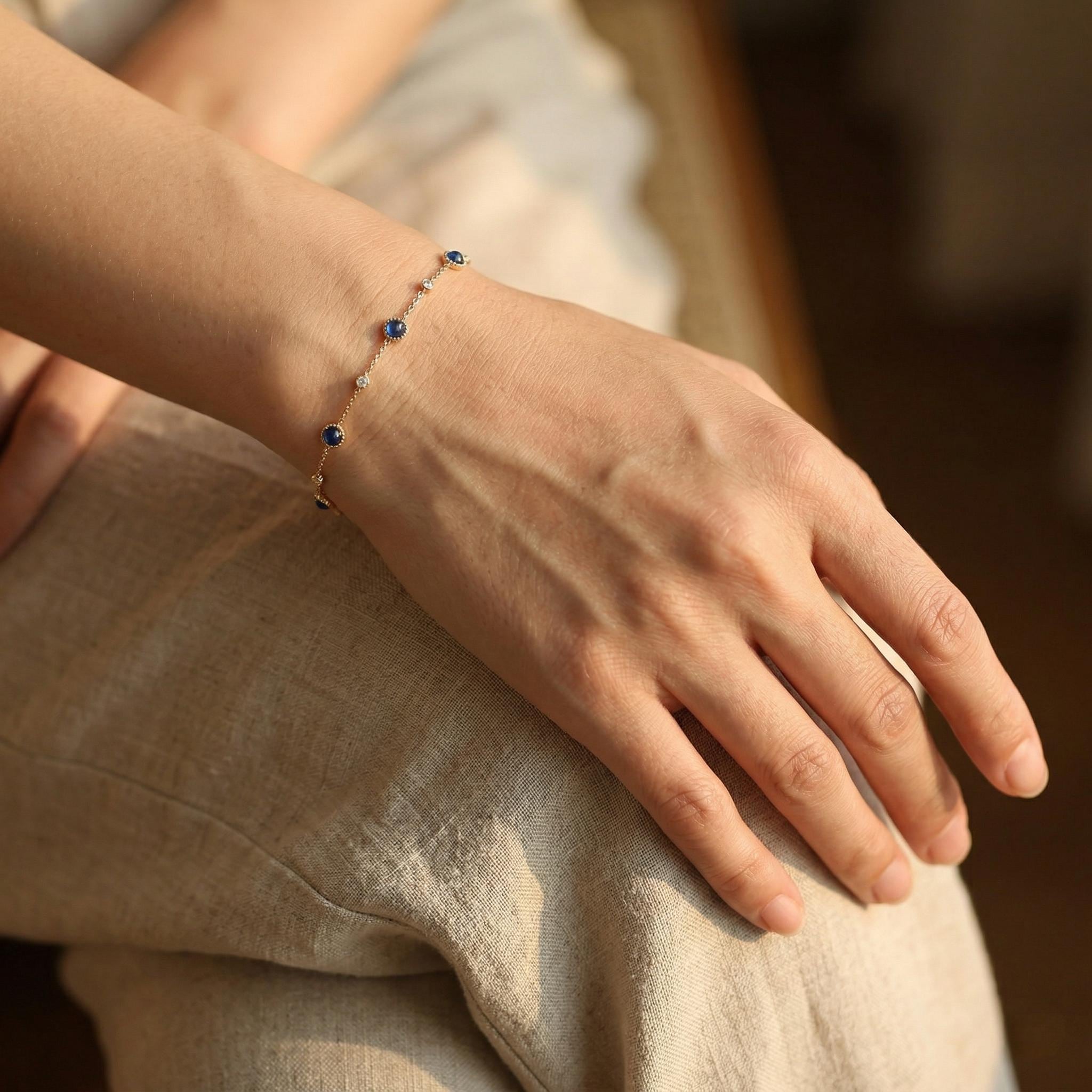 14K Gold Filled Blue Sapphire Station Bracelet, September Birthstone