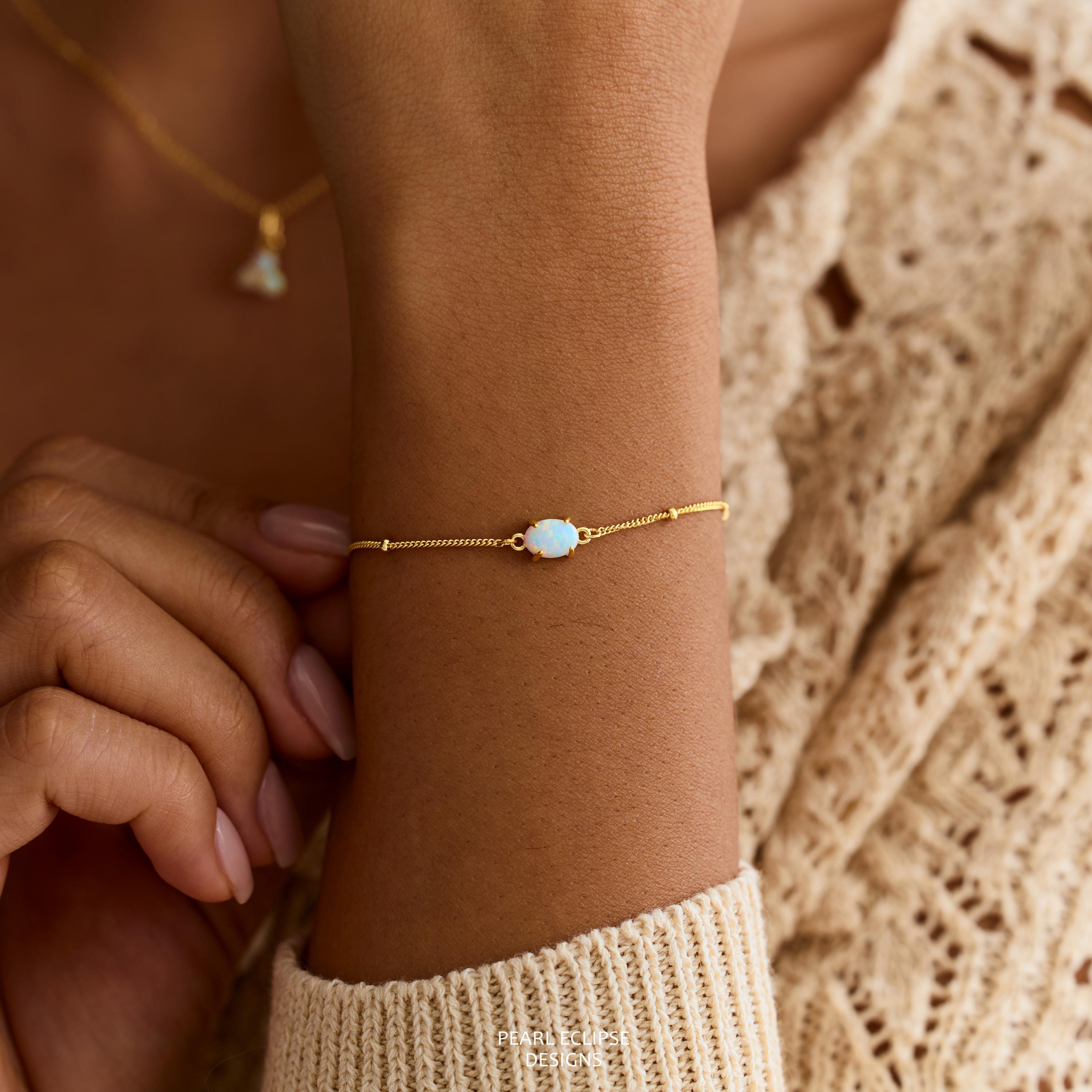 Dainty Natural Opal Bracelet on a Minimalist Gold Beaded Chain