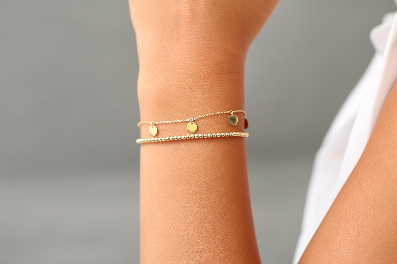 14K Solid Gold 2.5 mm Beaded Bracelet with Inner Cable Chain
