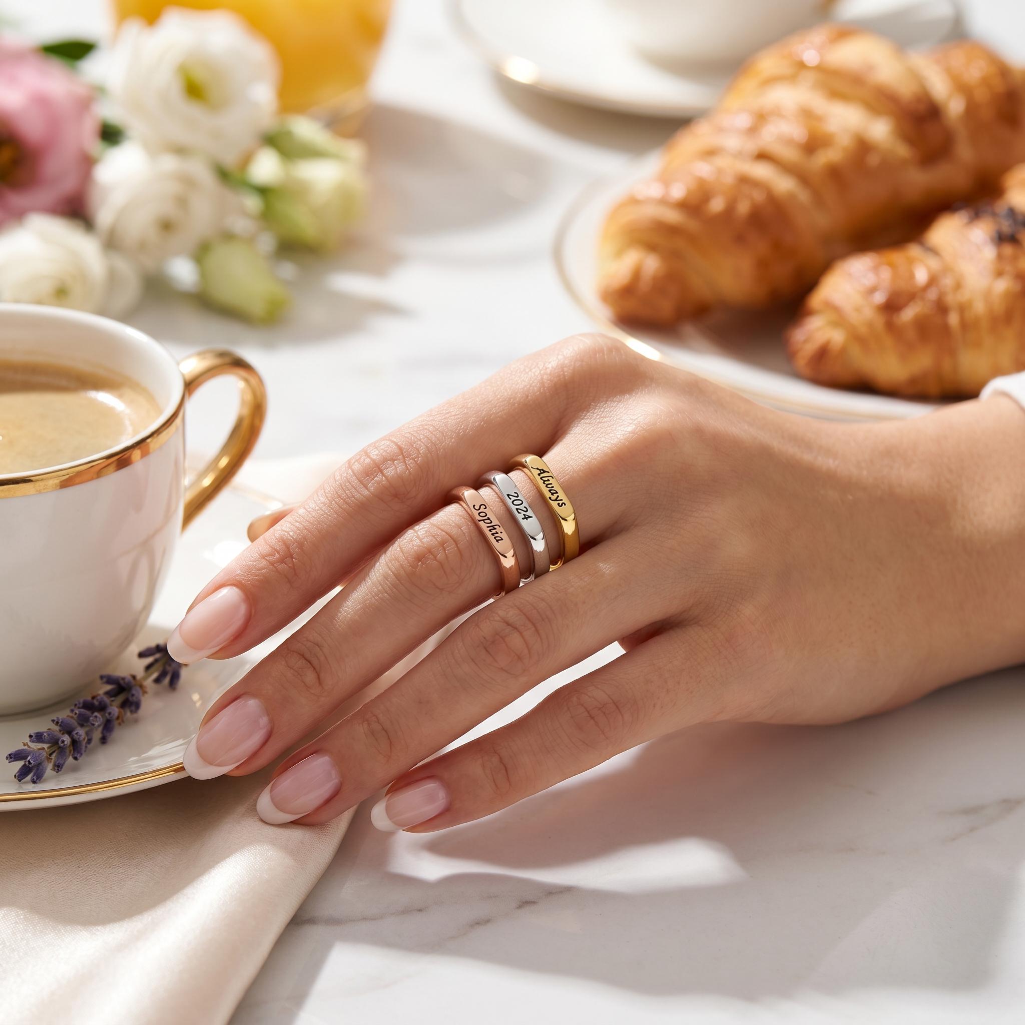 14K Solid Gold Engraved Bar Name Ring, Custom Signet Band