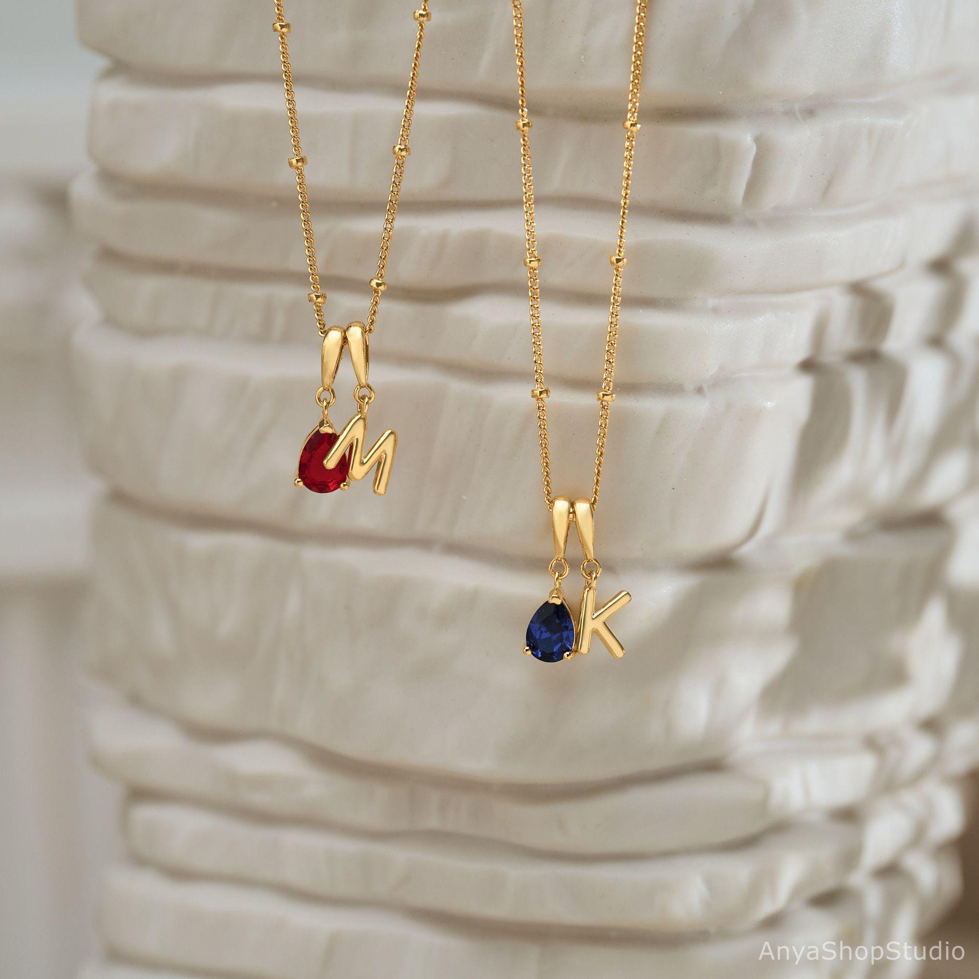 Custom Bubble Letter Initial Necklace with Alexandrite Birthstone