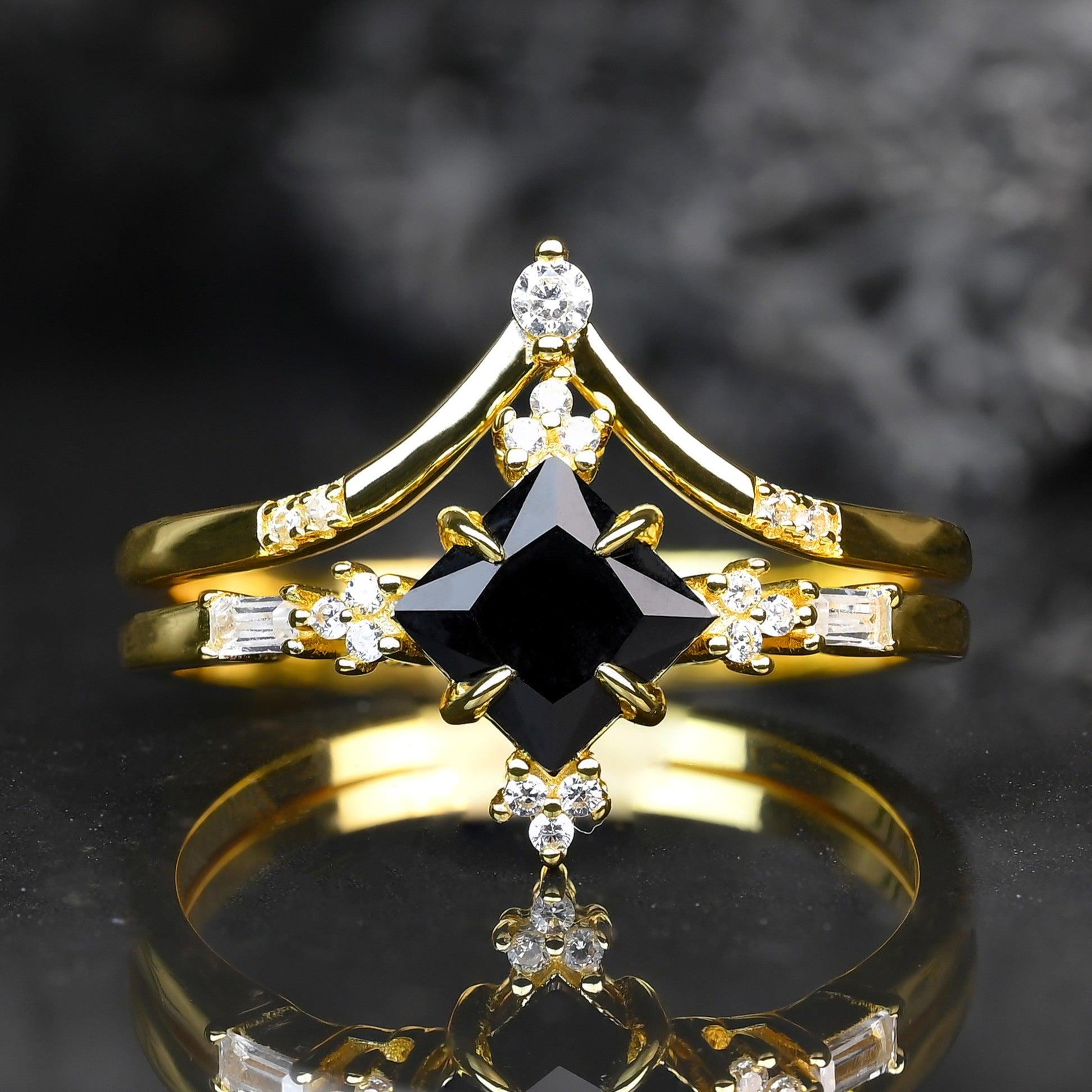Black Tungsten Meteorite Band and Sterling Silver Salt and Pepper Ring Set