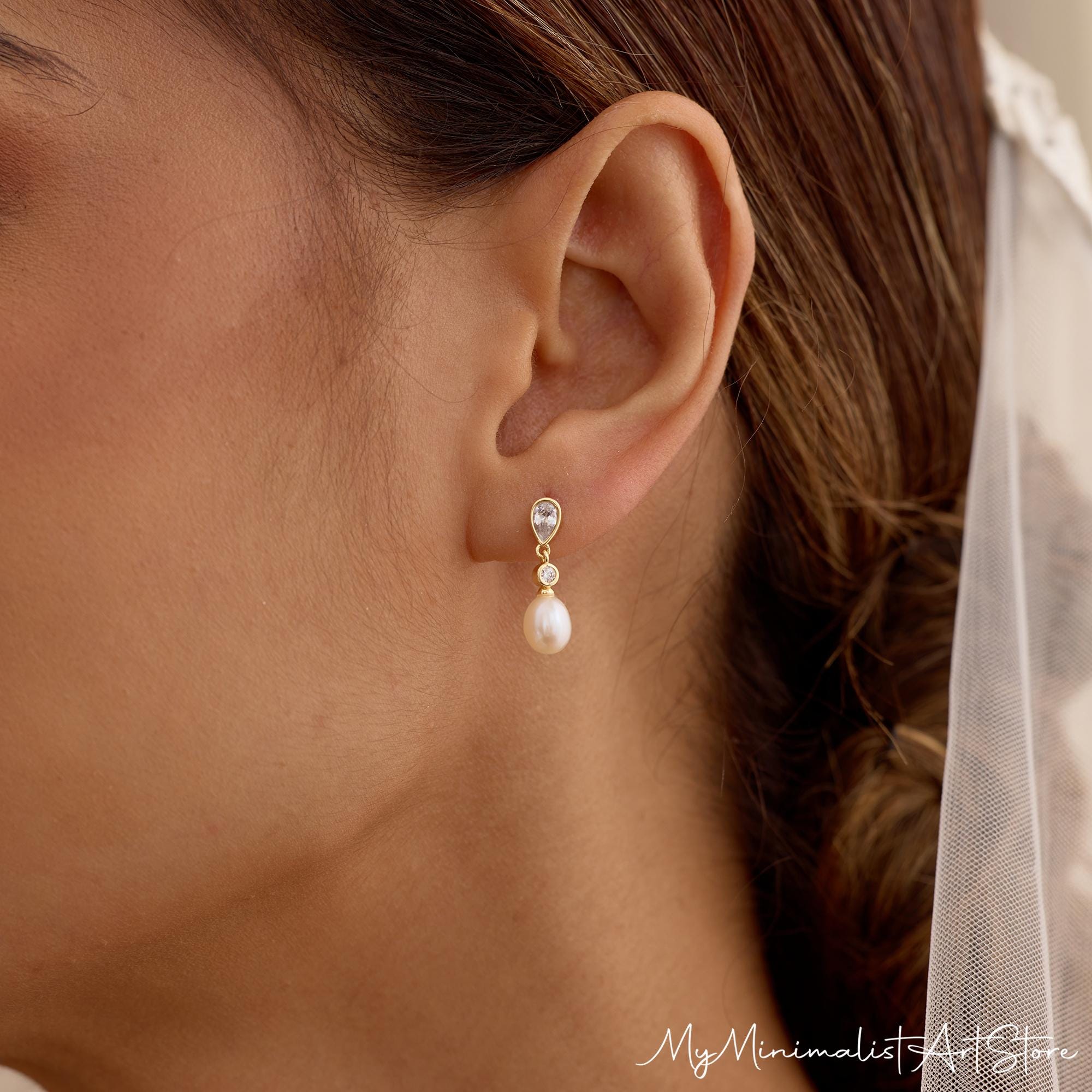 Natural Freshwater Pearl Drop Earrings with Cubic Zirconia Accents