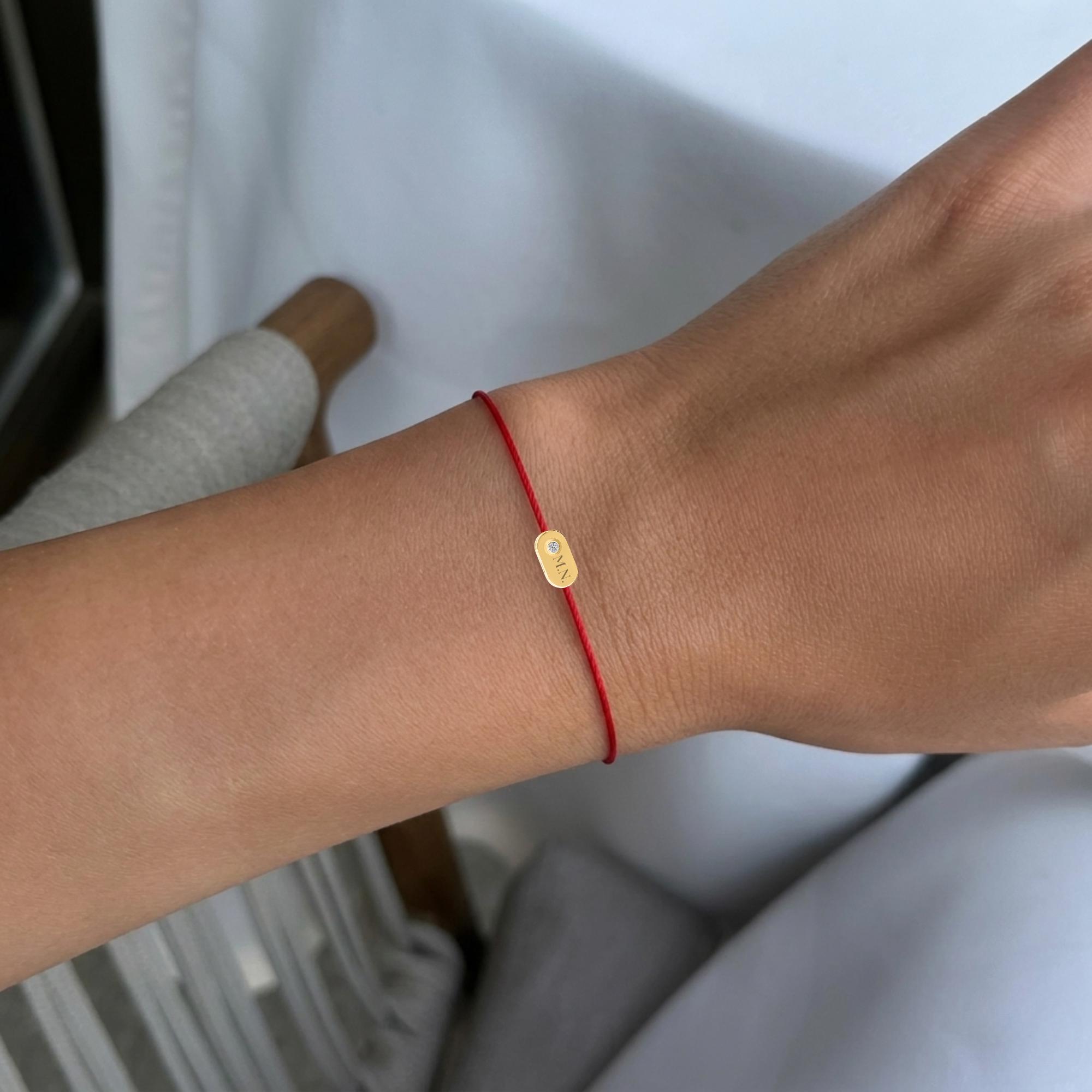 Personalized 14K Solid Gold Initial Bracelet with Natural Diamond on Silk Thread