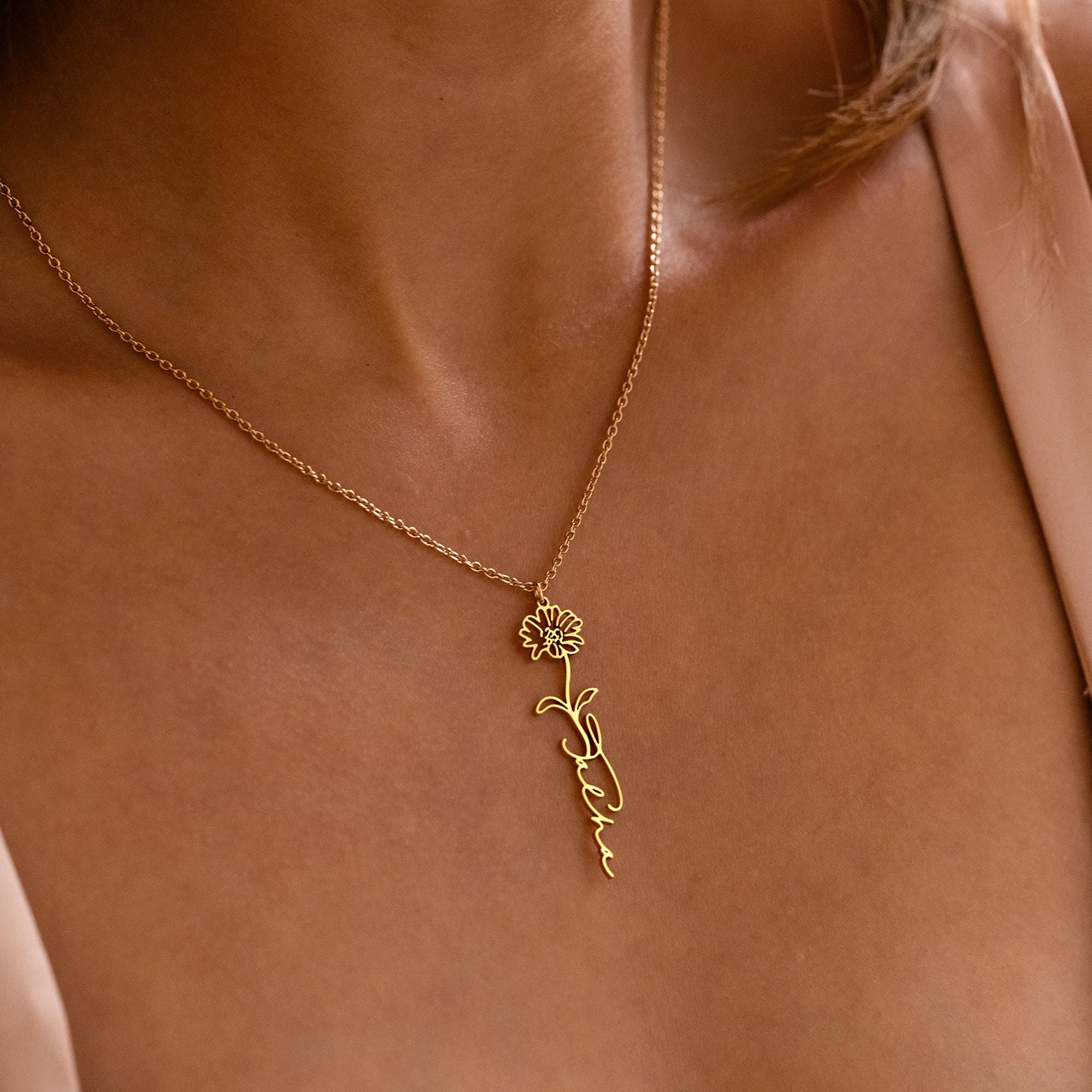 Personalized Name Necklace with Birth Flower Charm