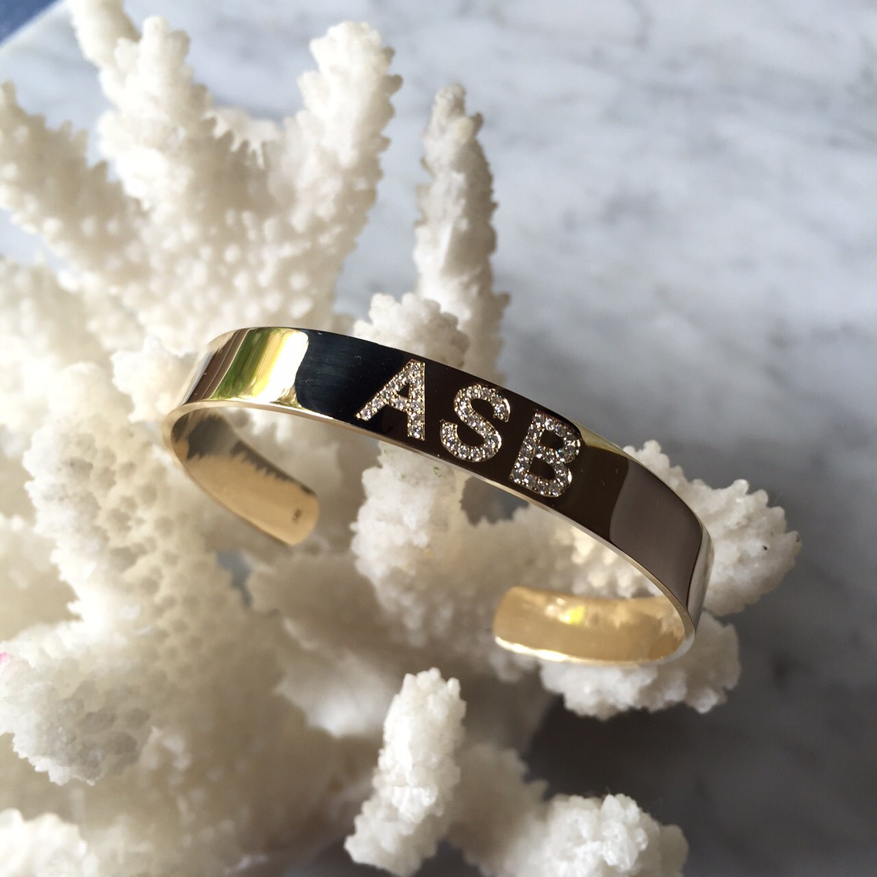 14K Gold Diamond Personalized Cuff Bracelet