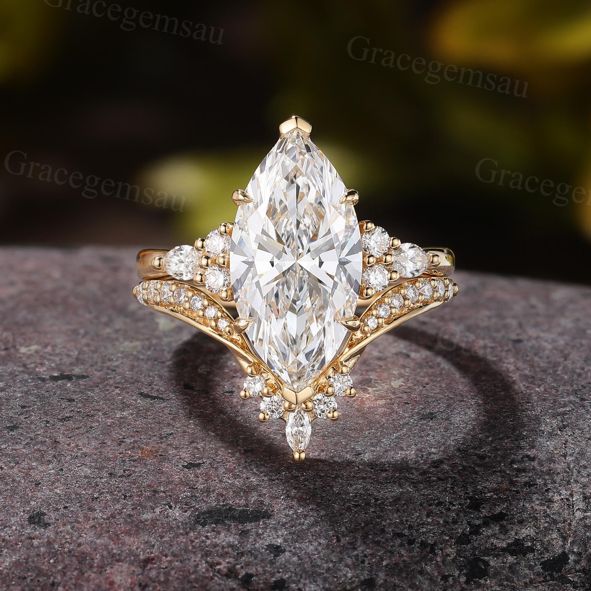 Marquise Lab Grown Diamond Bridal Set, Cluster Prong Filigree