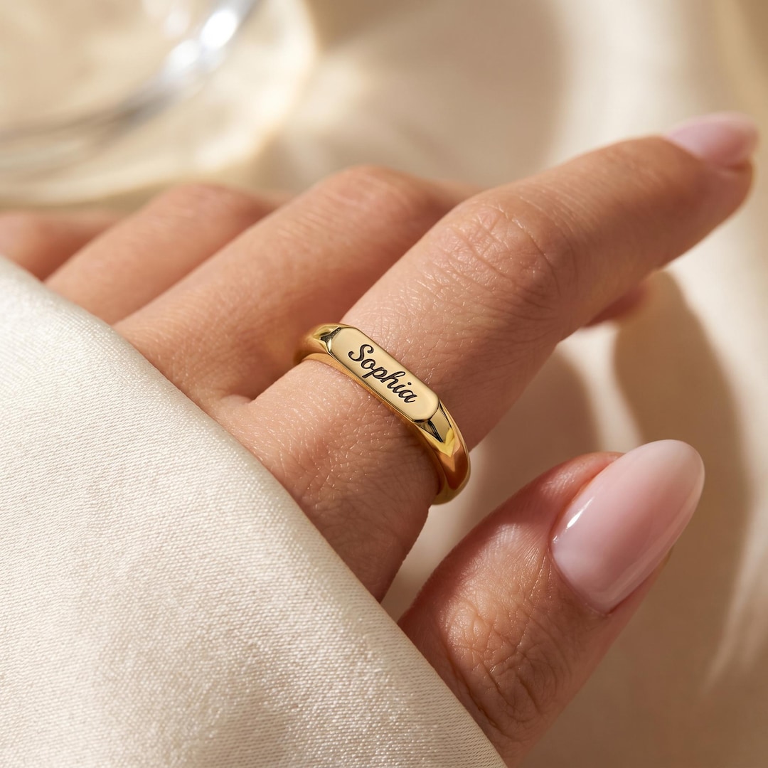 14K Solid Gold Engraved Bar Name Ring, Custom Signet Band
