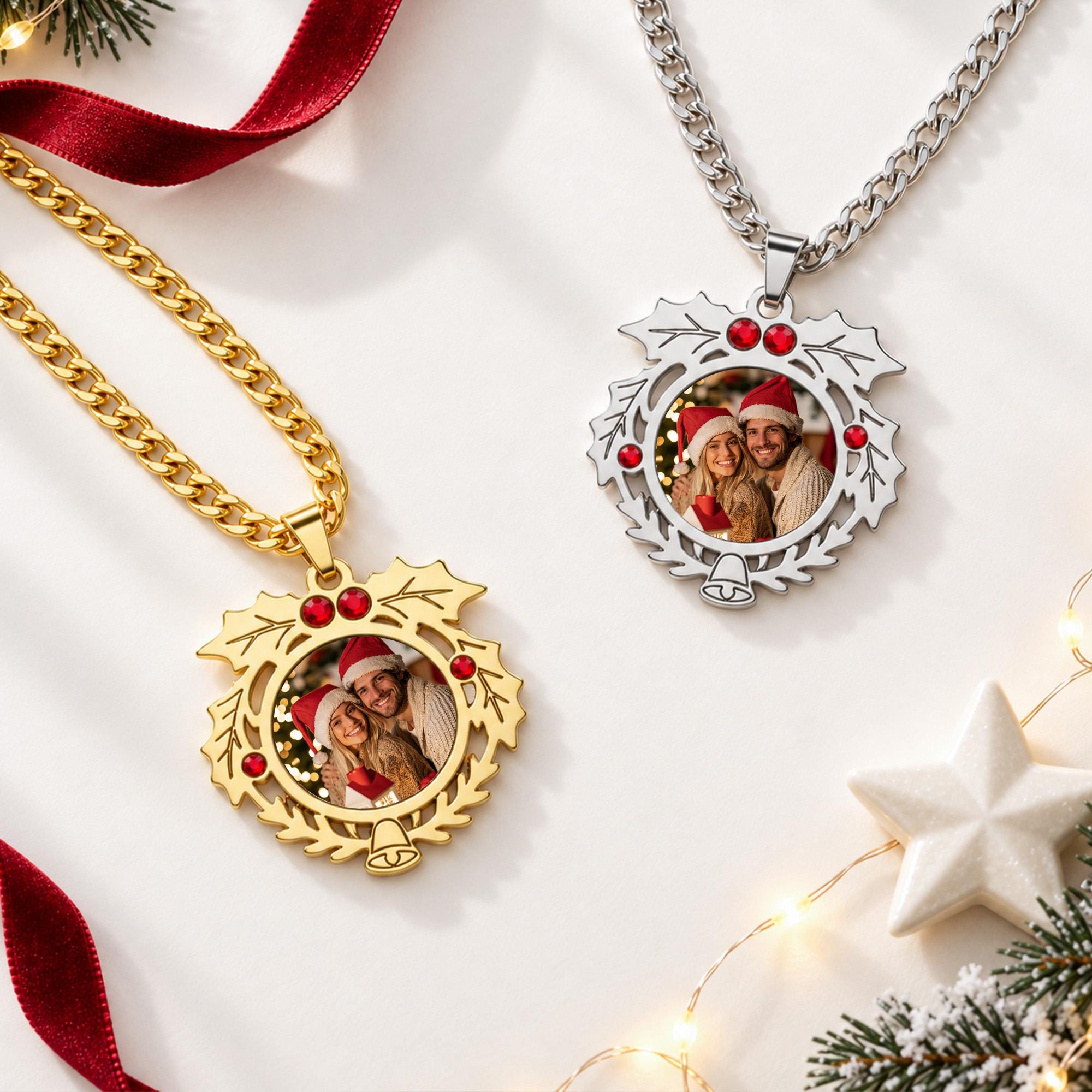 Christmas Wreath Photo Necklace with Red Cubic Zirconia