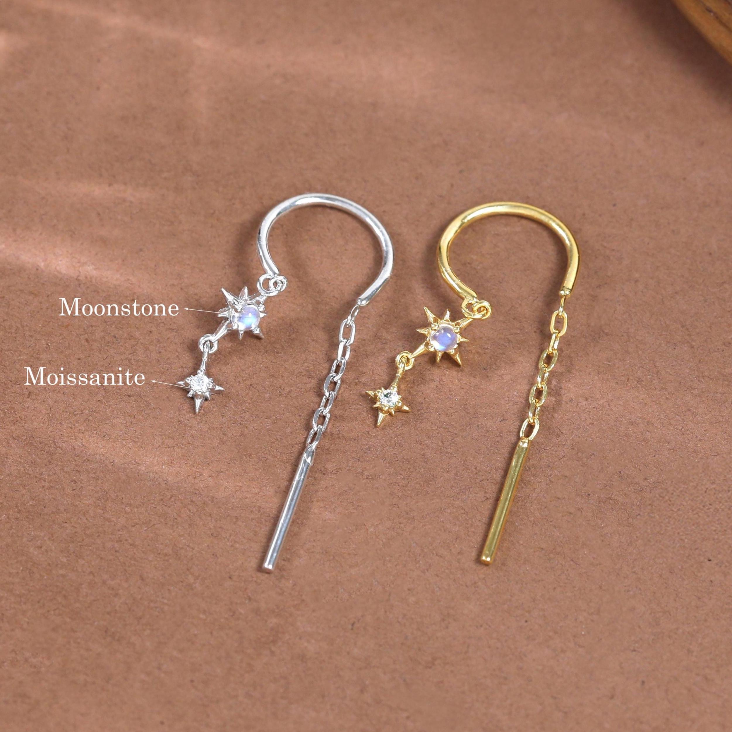 14K Gold Plated Moonstone and Moissanite Star Threader Earring