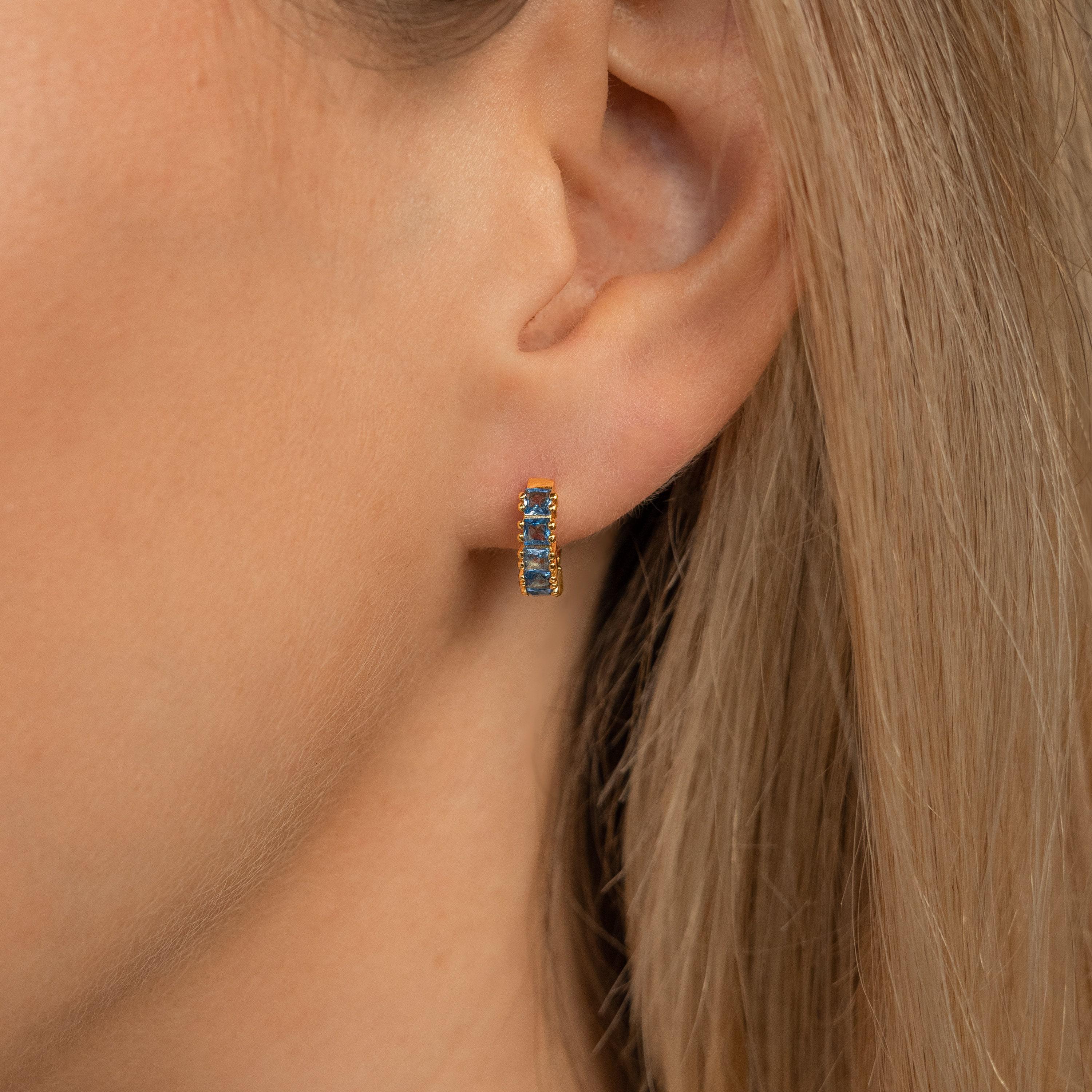 Birthstone Huggie Hoop Earrings in 18K Gold Finish and Sterling Silver