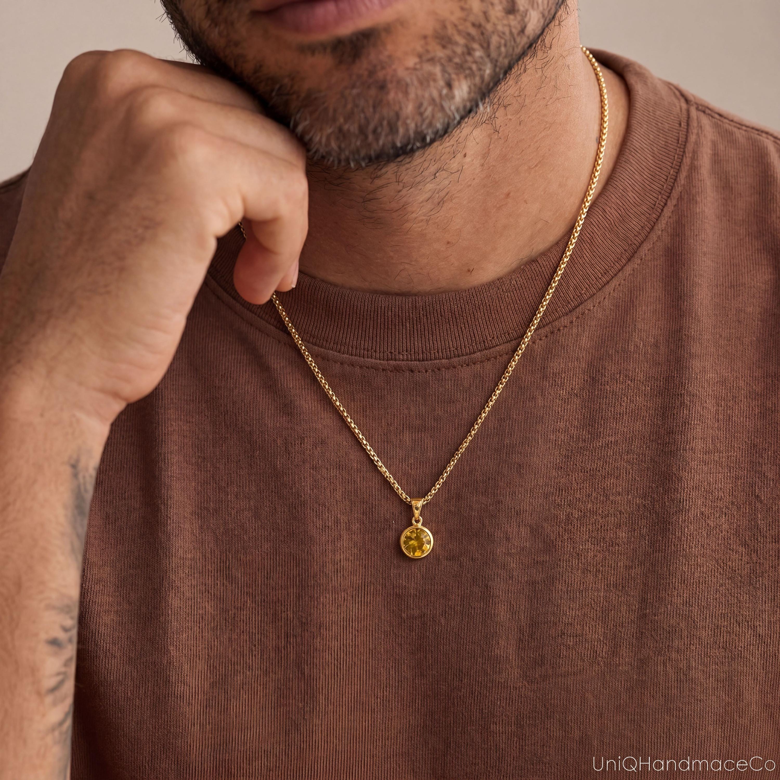 Men's Birthstone Necklace with Black Onyx or Tiger Eye on a Curb Chain