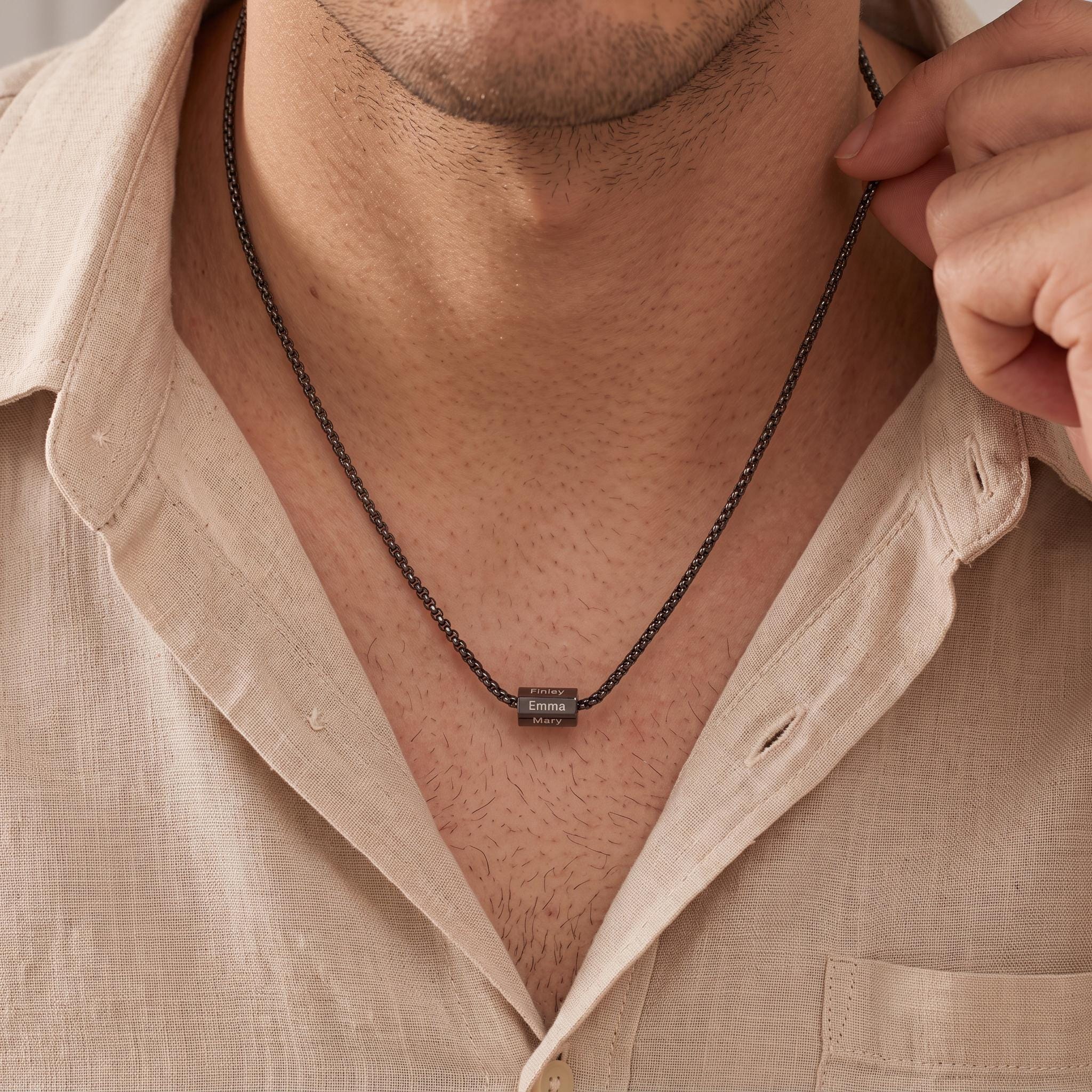 Custom Name Bar Necklace for Men with Copper Pendant and Engraved Names