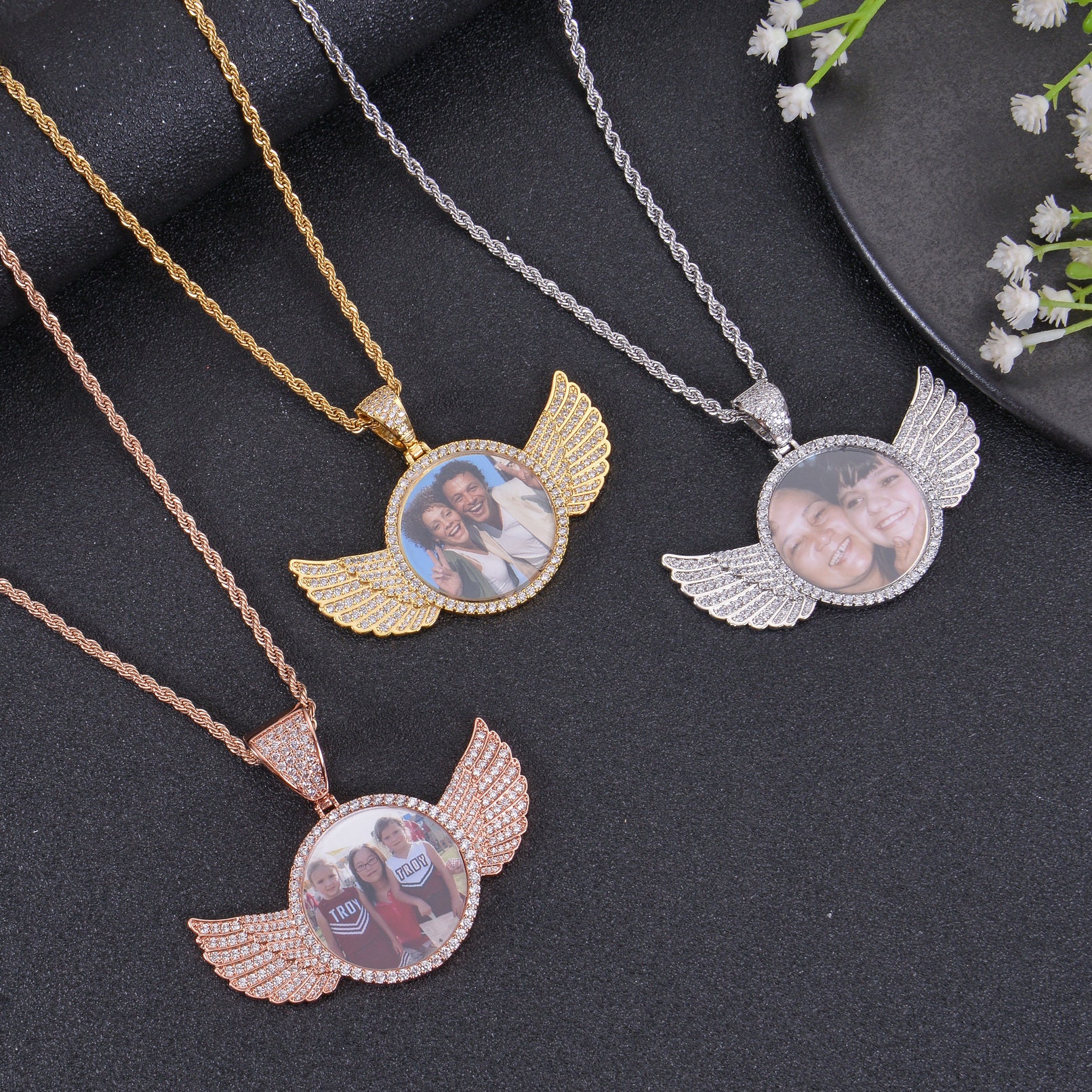 Personalized Angel Wings Photo Pendant Necklace with Diamond Detailing