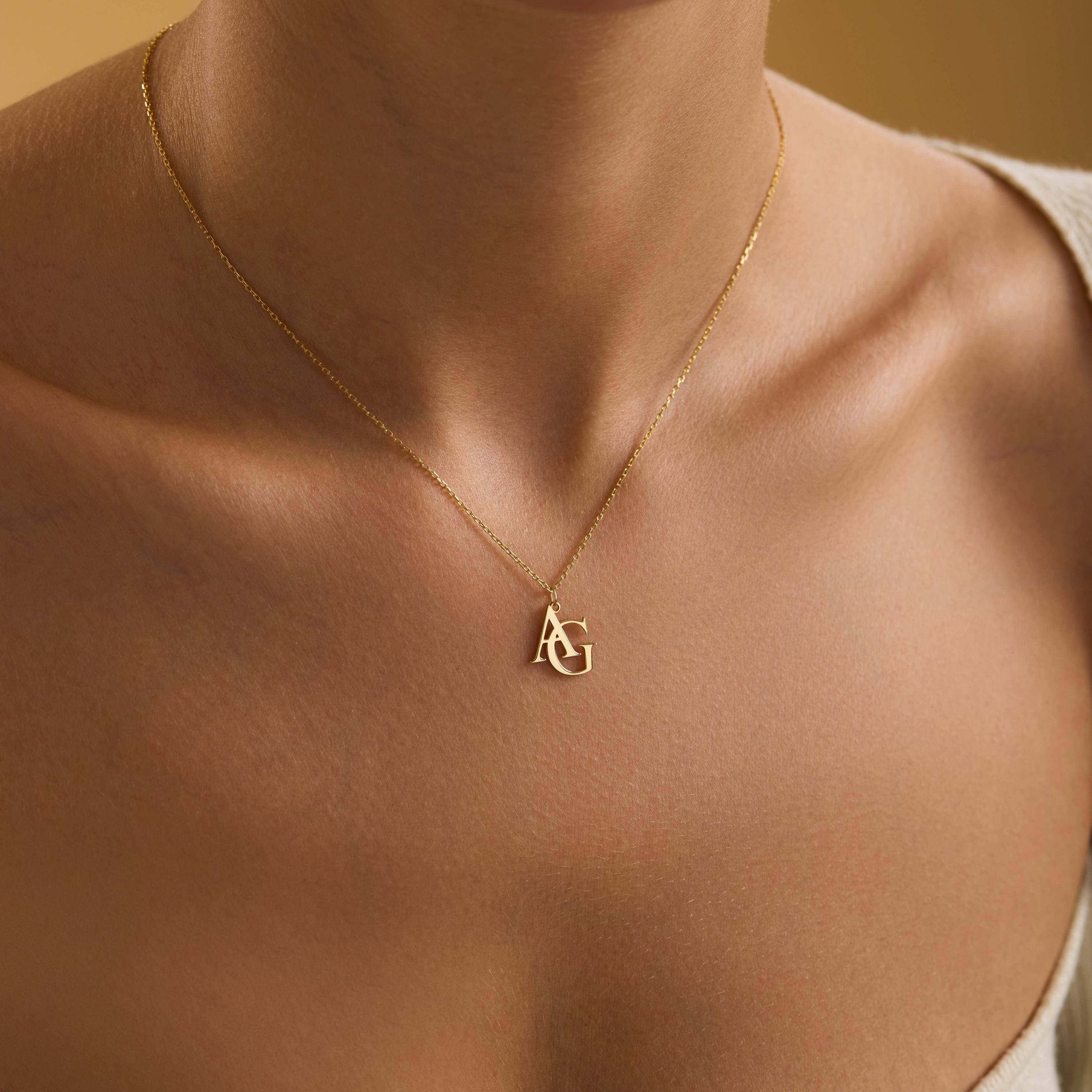 Double Initial Necklace with Two Letters in Sterling Silver or Solid Gold