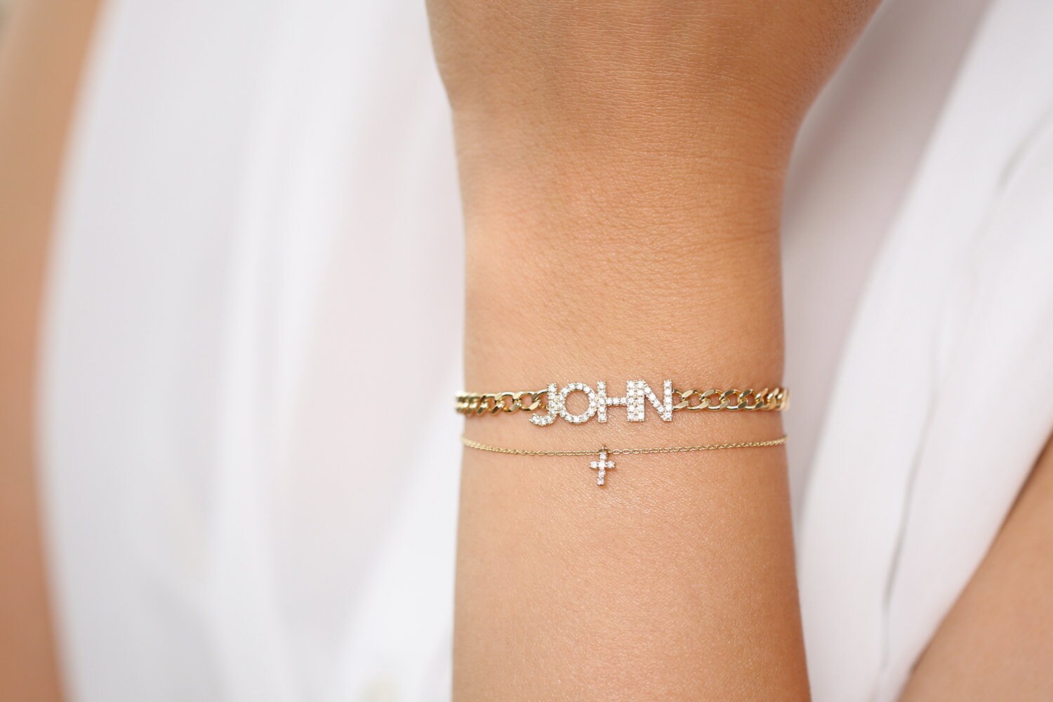 Personalized Diamond Name Bracelet on a 14K Gold Cuban Link Chain