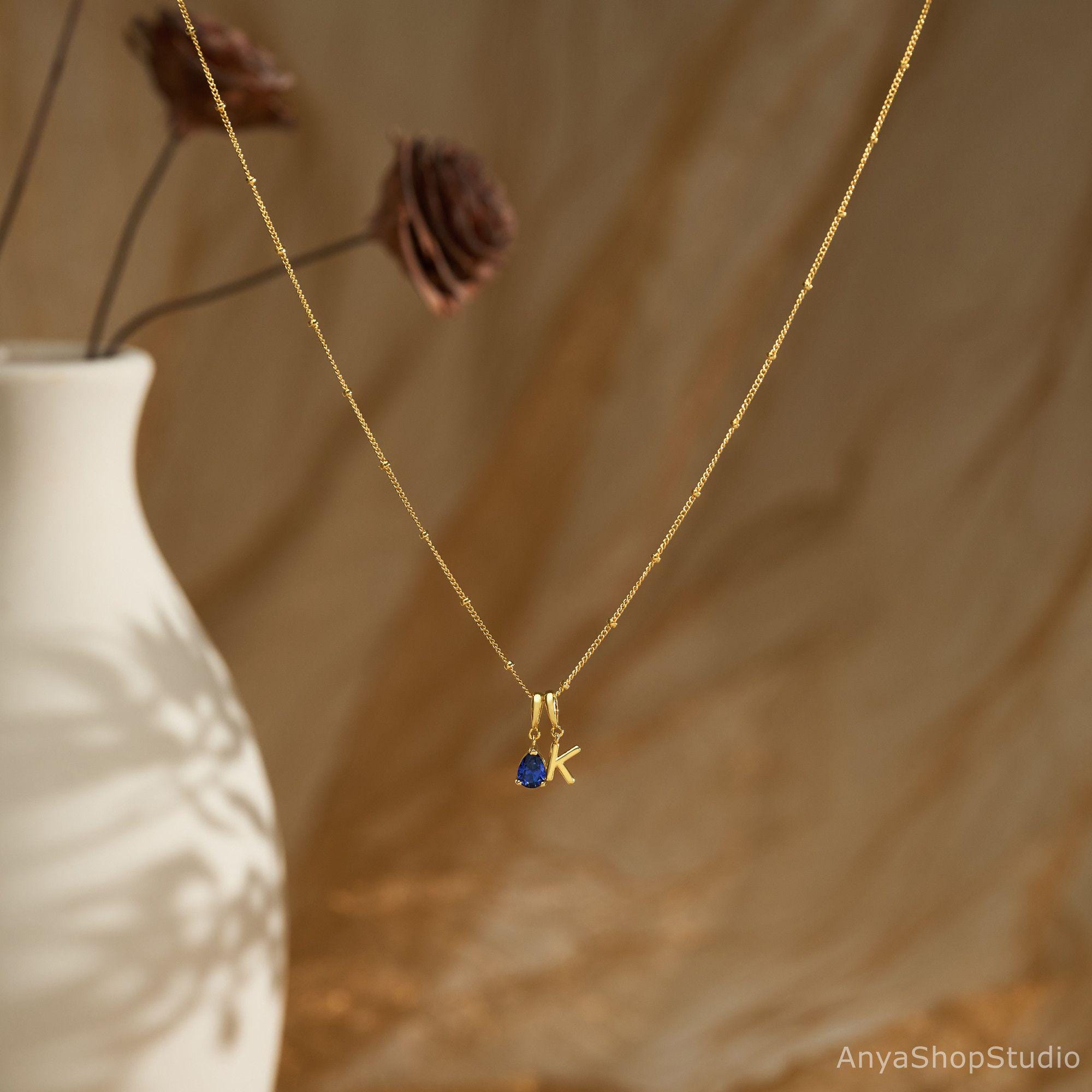 Custom Bubble Letter Initial Necklace with Alexandrite Birthstone