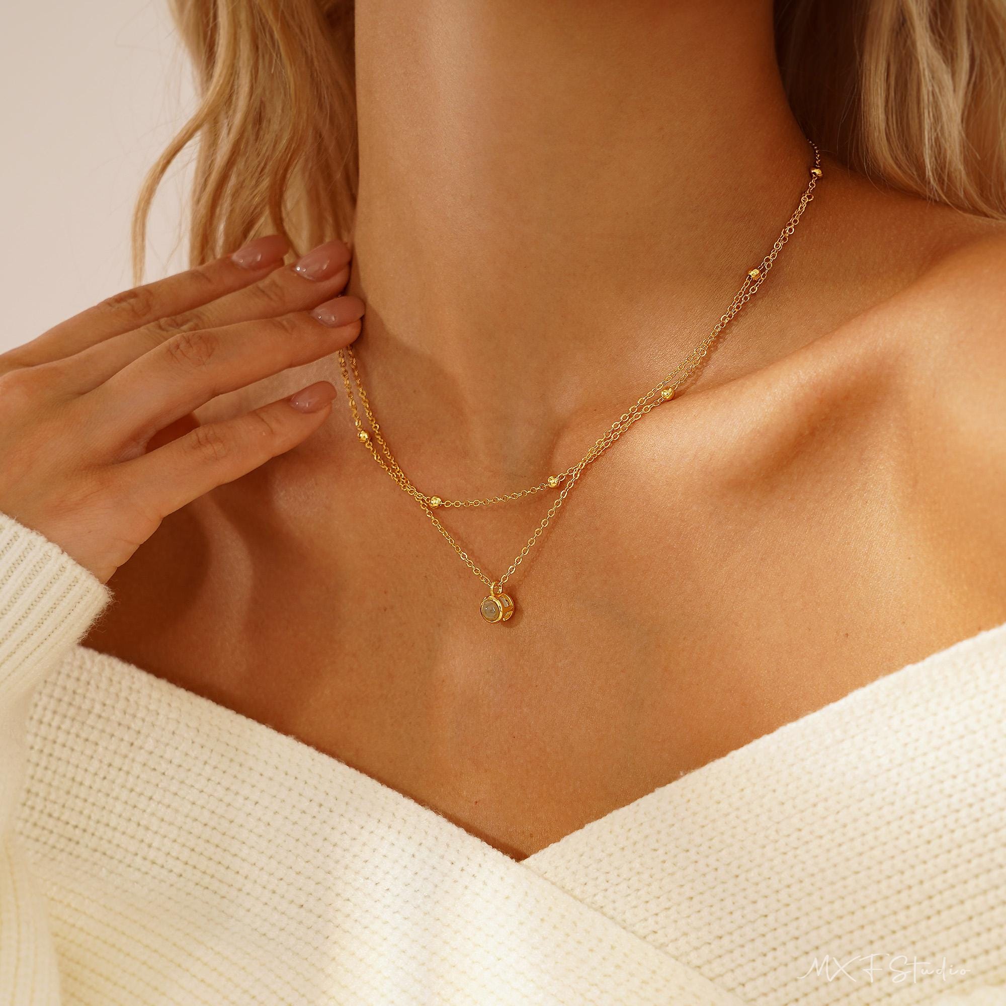 Double Chain Photo Projection Necklace with Layered Copper Pendant