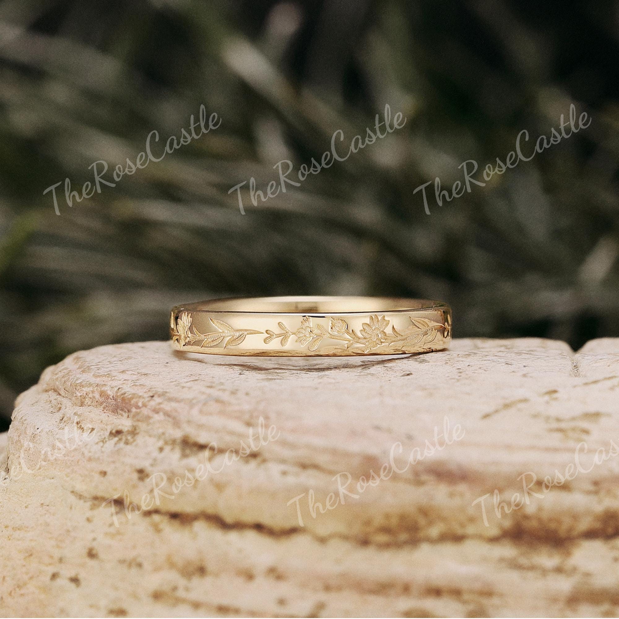 Hand-Engraved Birth Flower Wedding Band, 3mm Art Deco