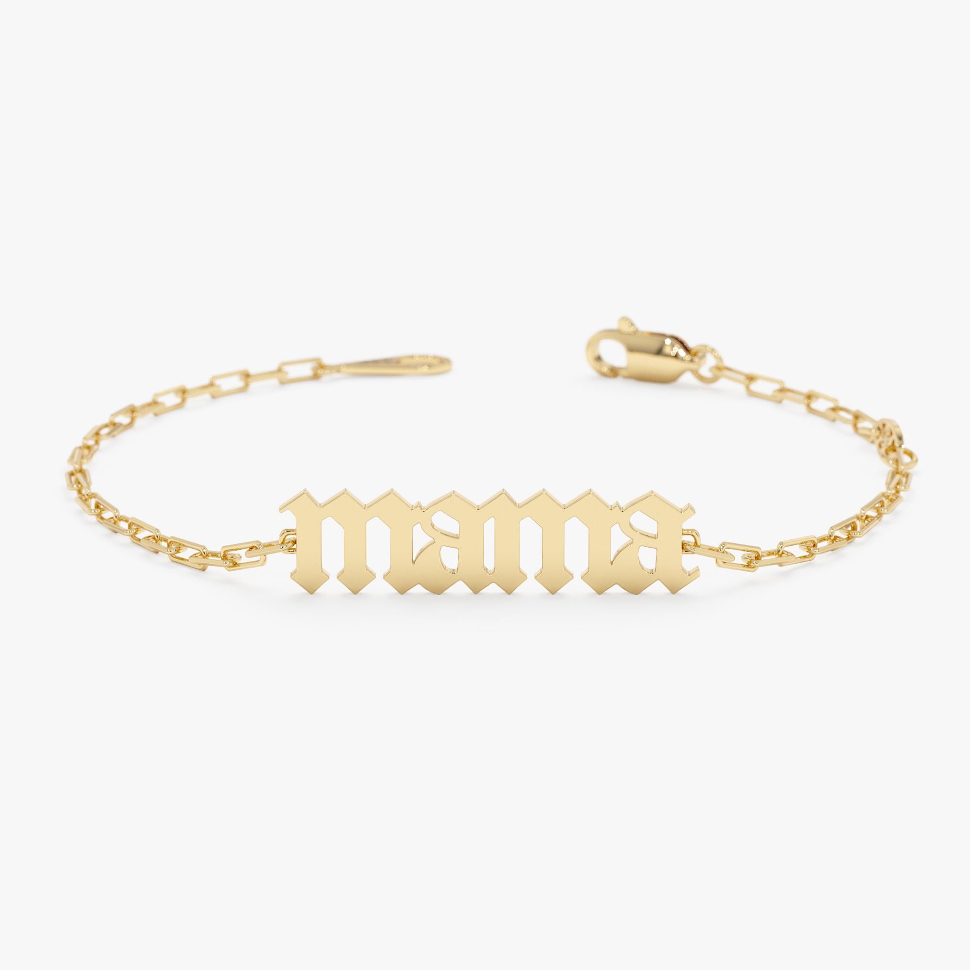 14K Gold Mama Bracelet with an Old English Charm on a Paperclip Chain