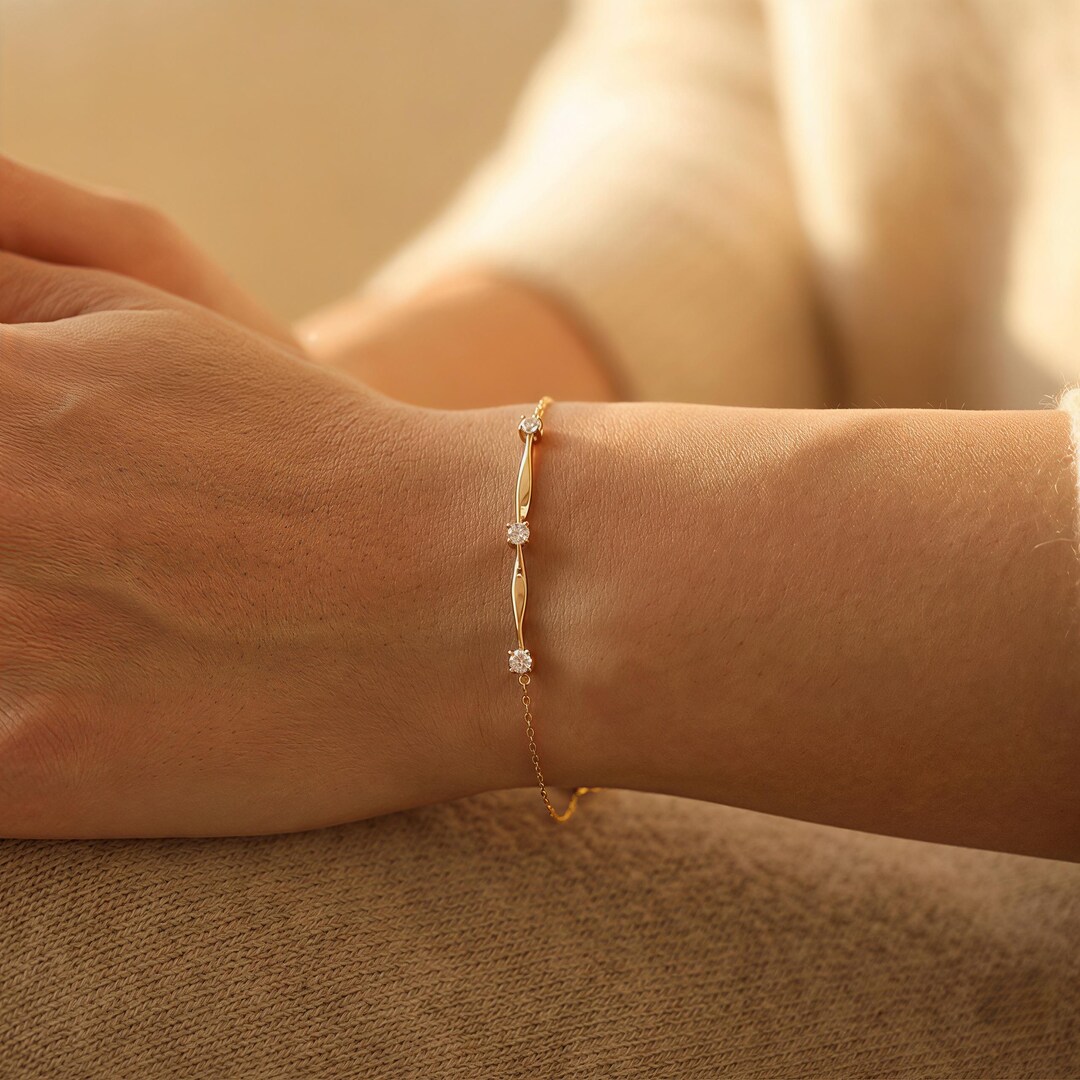 14K Gold Vermeil Gold Bar Bracelet with Three Clear Stones