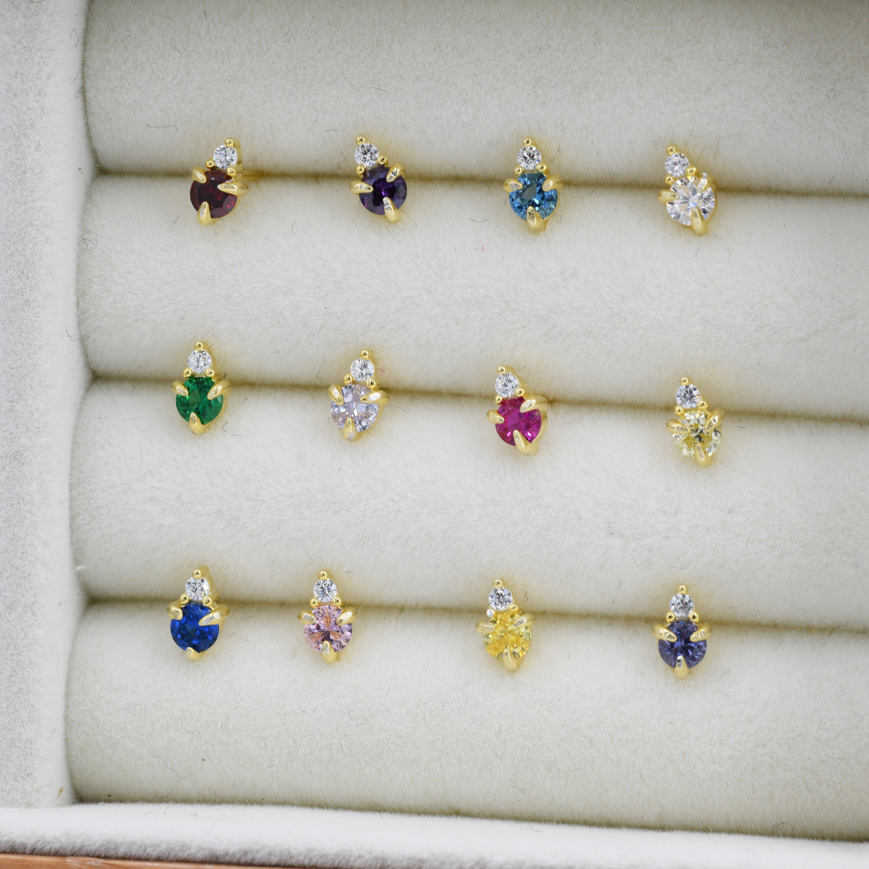 Sterling Silver Tiny Birthstone Stud Earrings with 3mm Cubic Zirconia