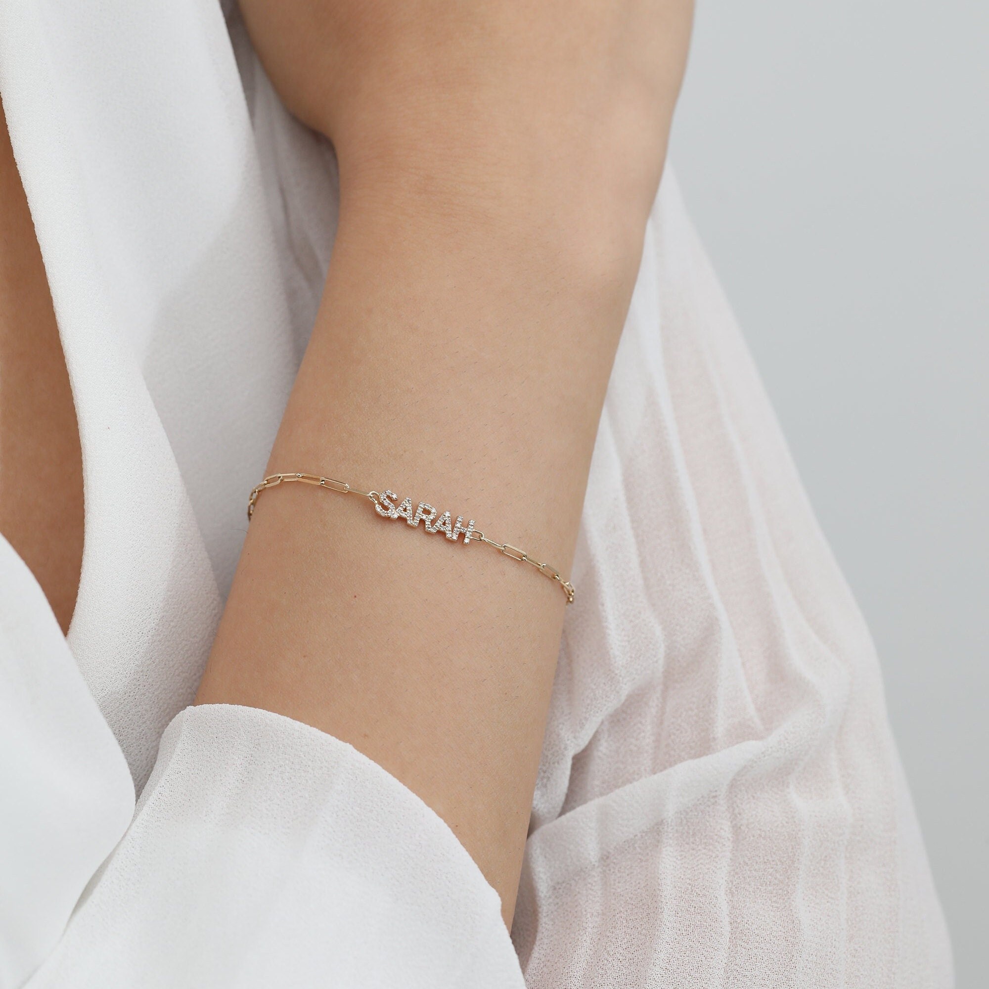 14K Gold Diamond Name Bracelet on a Paperclip Chain