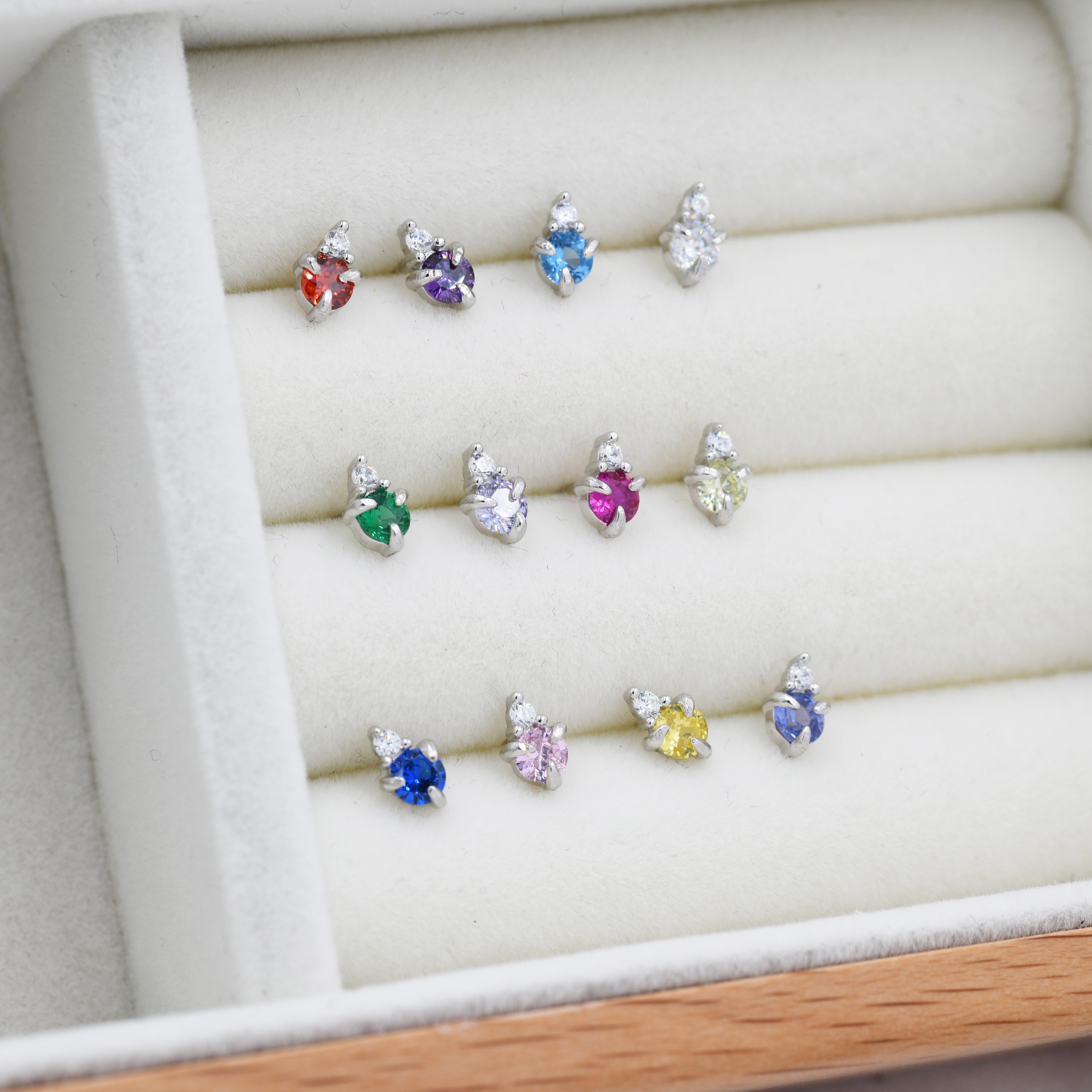 Sterling Silver Tiny Birthstone Stud Earrings with 3mm Cubic Zirconia