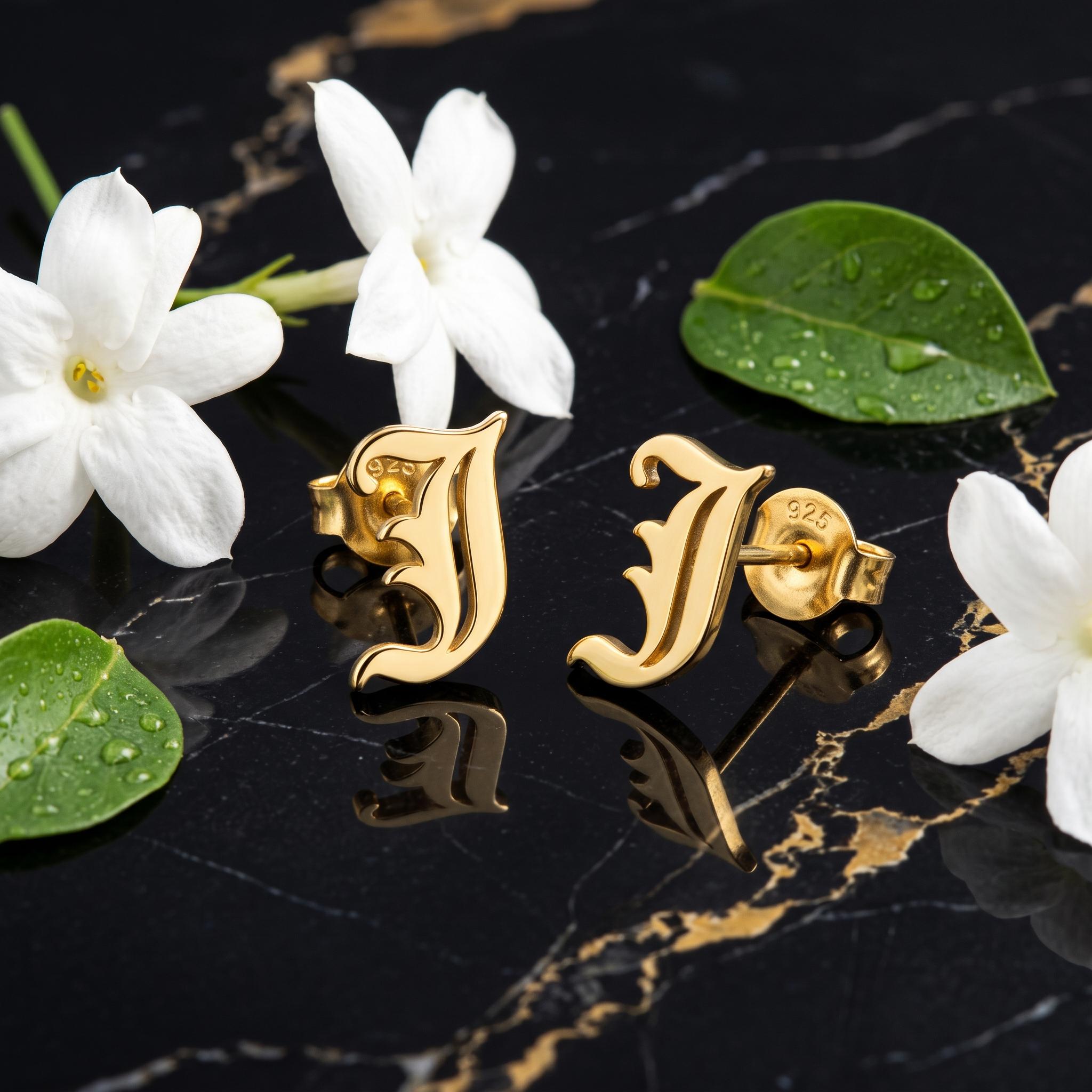Custom Initial Stud Earring in Solid Gold with Old English Lettering