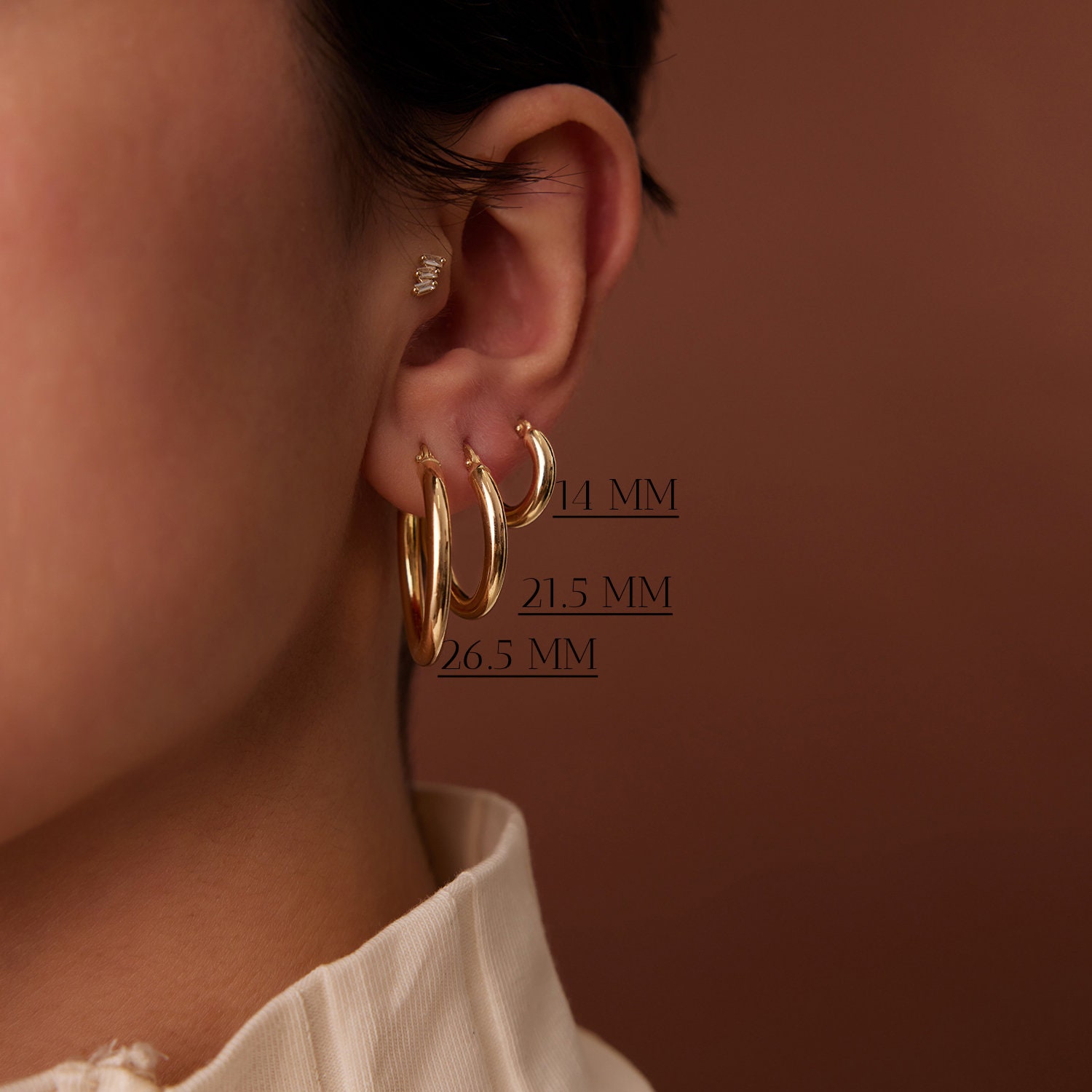 14K Gold Hoop Earrings, 3mm Thickness, 14mm to 26.5mm, Sold as a Pair