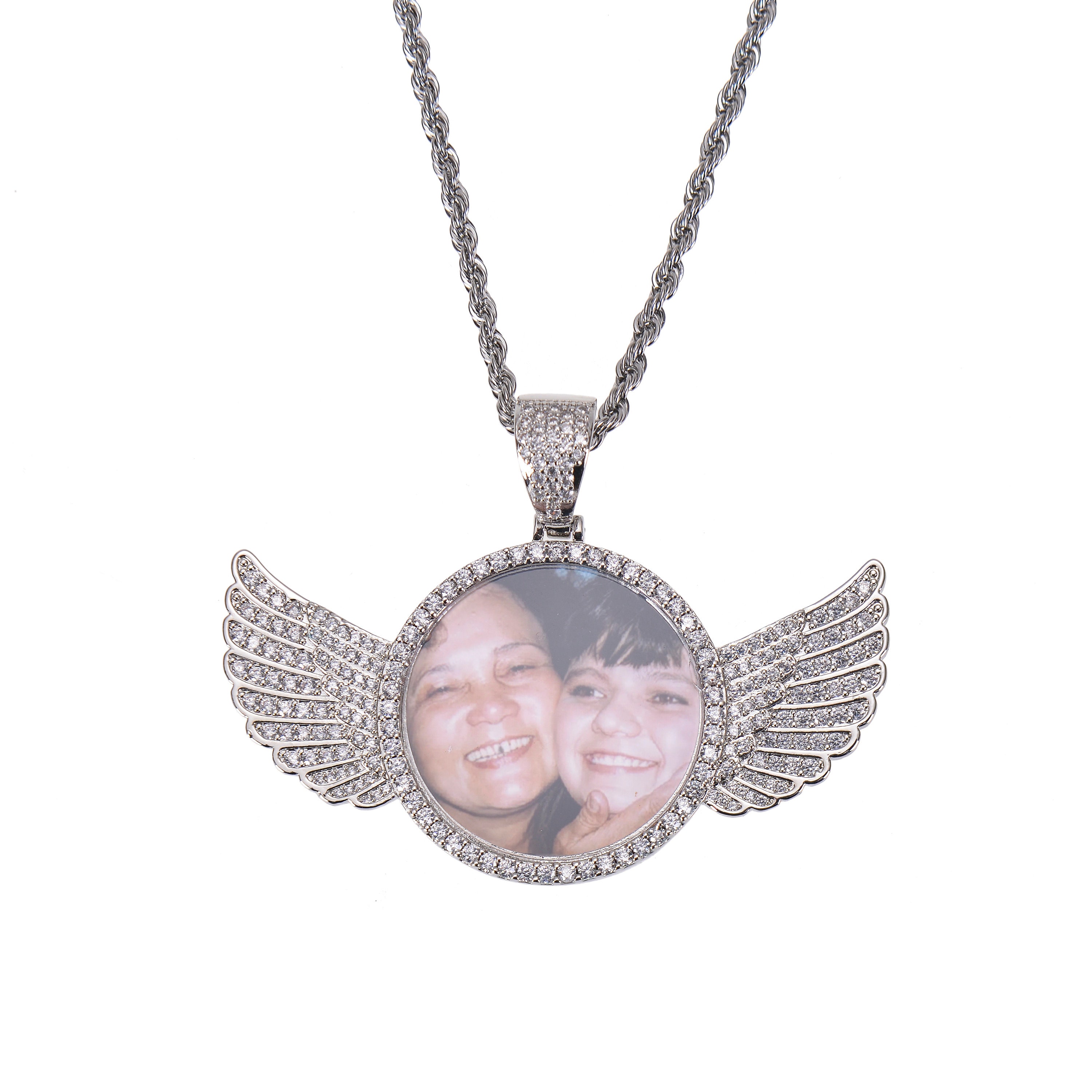 Personalized Angel Wings Photo Pendant Necklace with Diamond Detailing