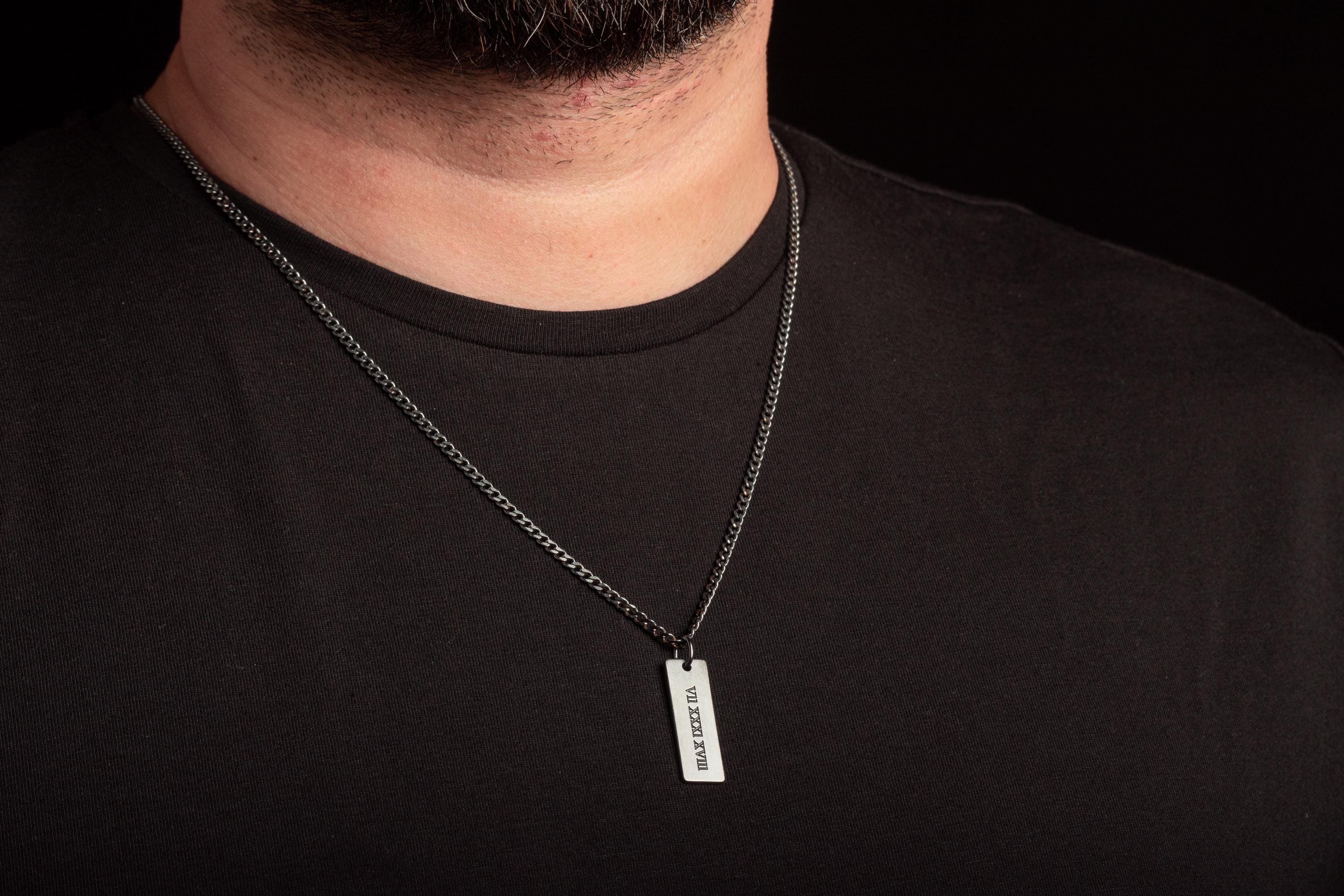 Engraved Sterling Silver Bar Necklace for Men with Curb Chain