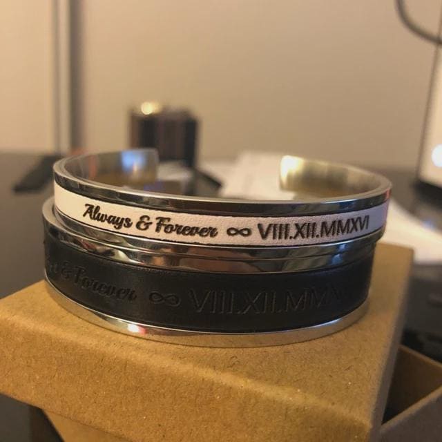 Custom Engraved Leather and Stainless Steel Couple Bracelet Set of 2