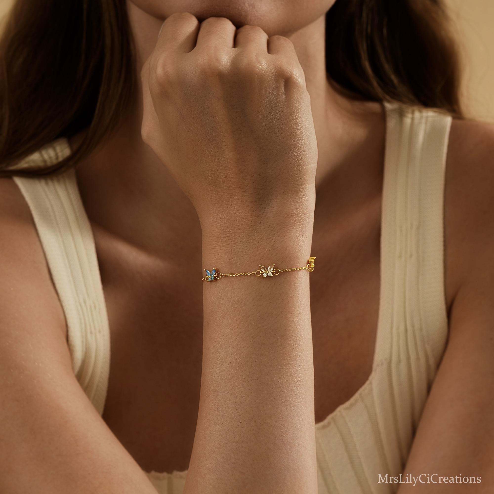 Custom Butterfly Birthstone Bracelet in Silver or 18K Gold Plate
