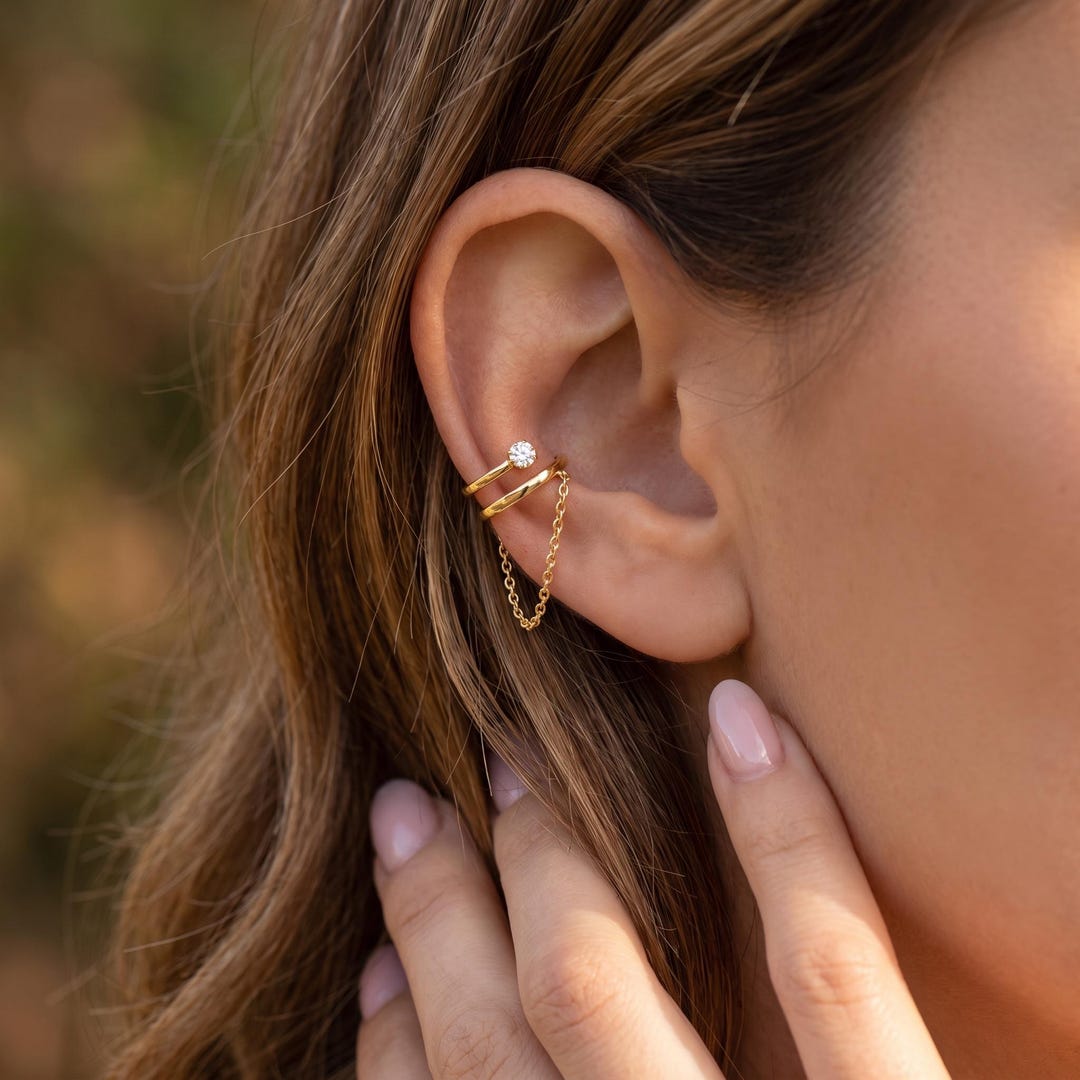 18K Gold Filled CZ Double Wrap Chain Ear Cuffs for Non Pierced Ears