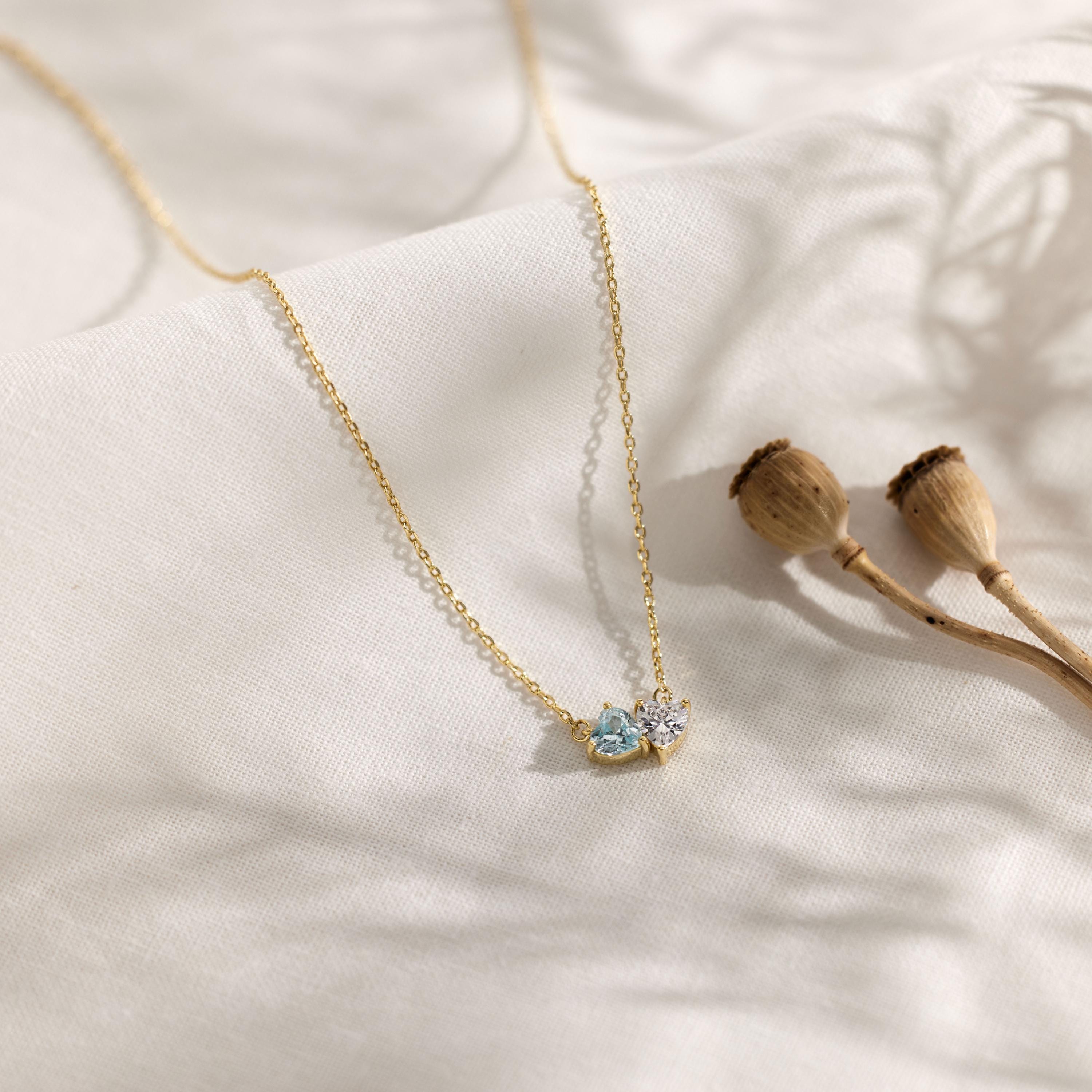 Dainty Two Heart Birthstone Couple Necklace in Gold Plated Brass