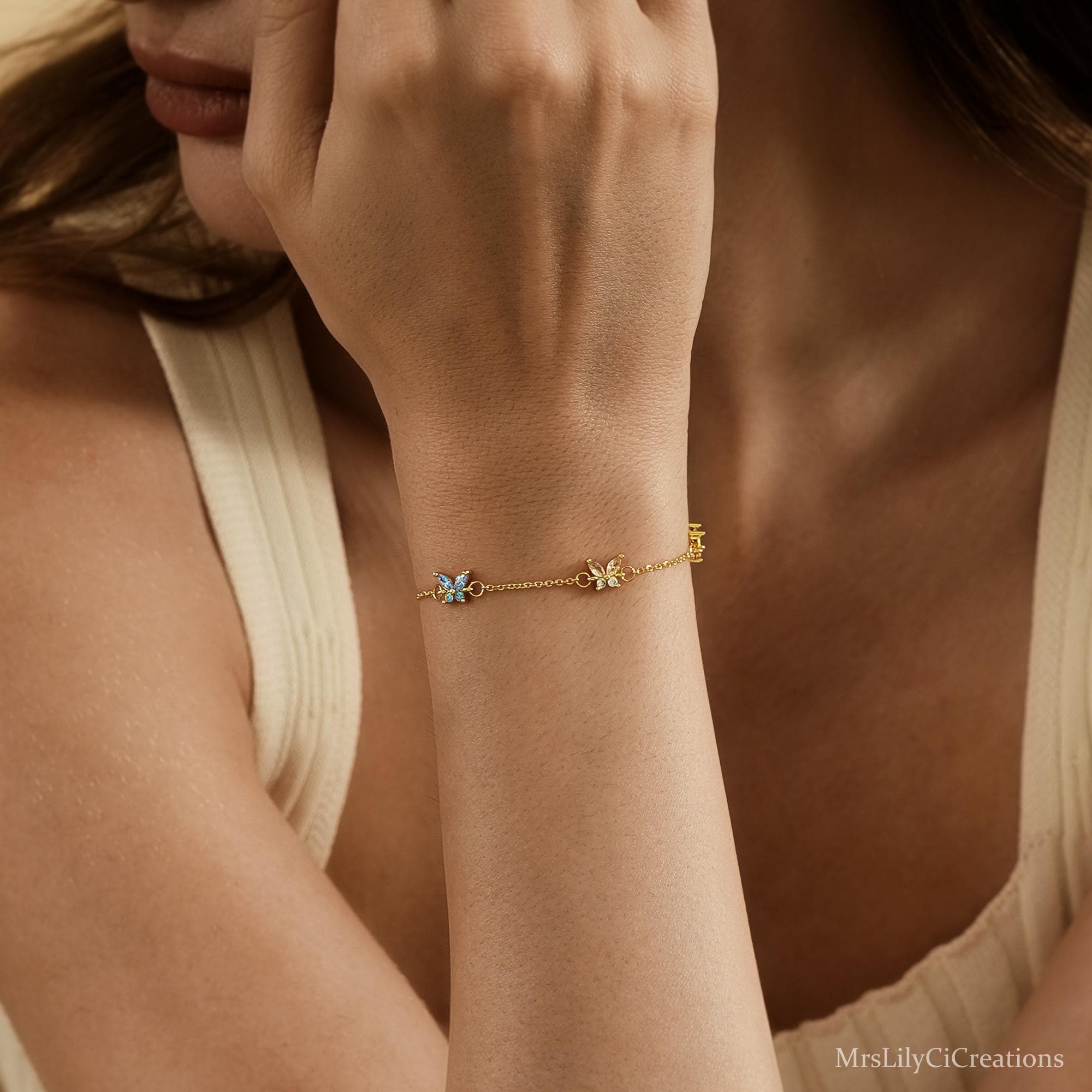 Custom Butterfly Birthstone Bracelet in Silver or 18K Gold Plate