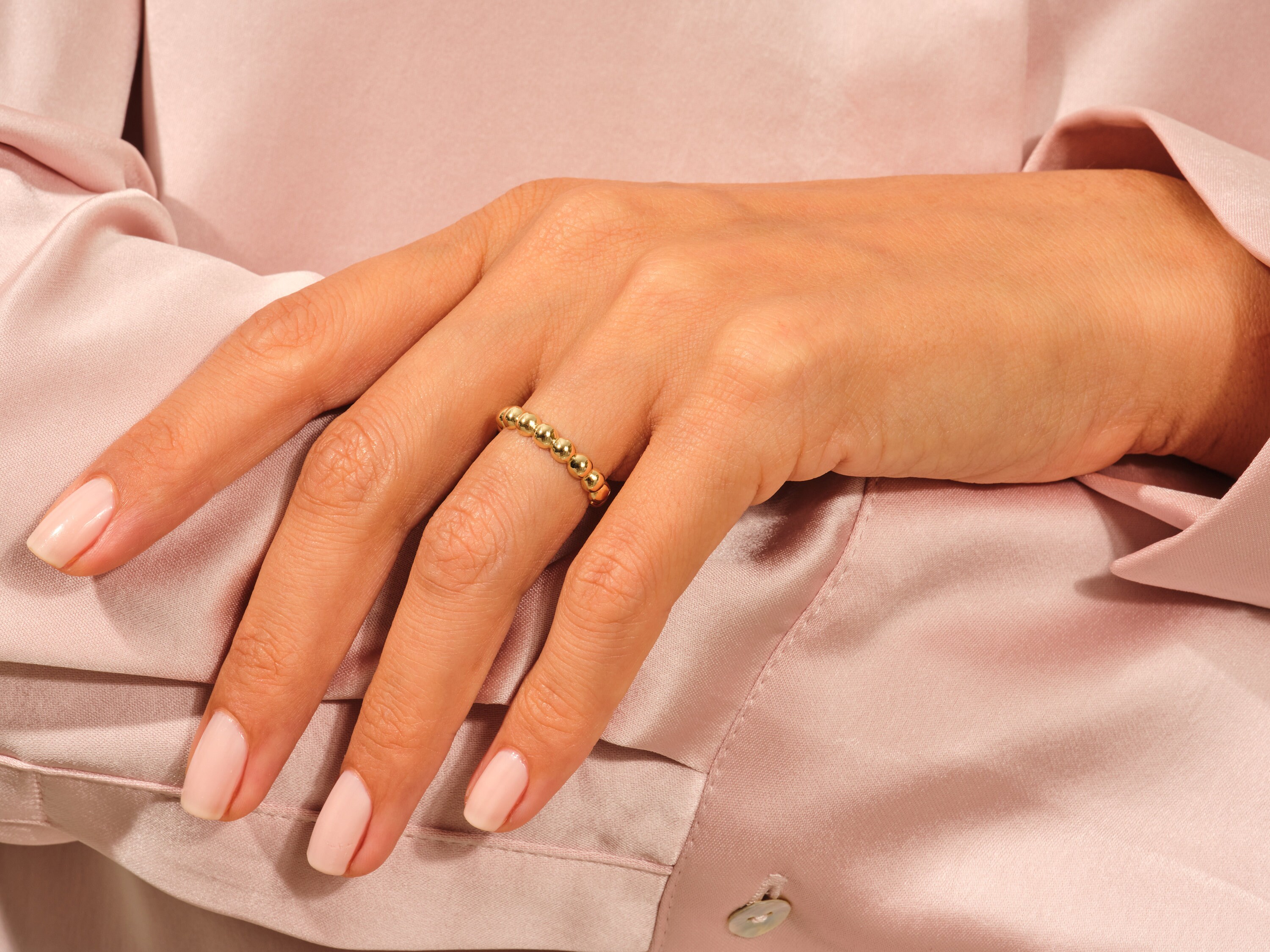 14K Gold Beaded Ring, Dainty Stacking Band 2mm 3mm 4mm