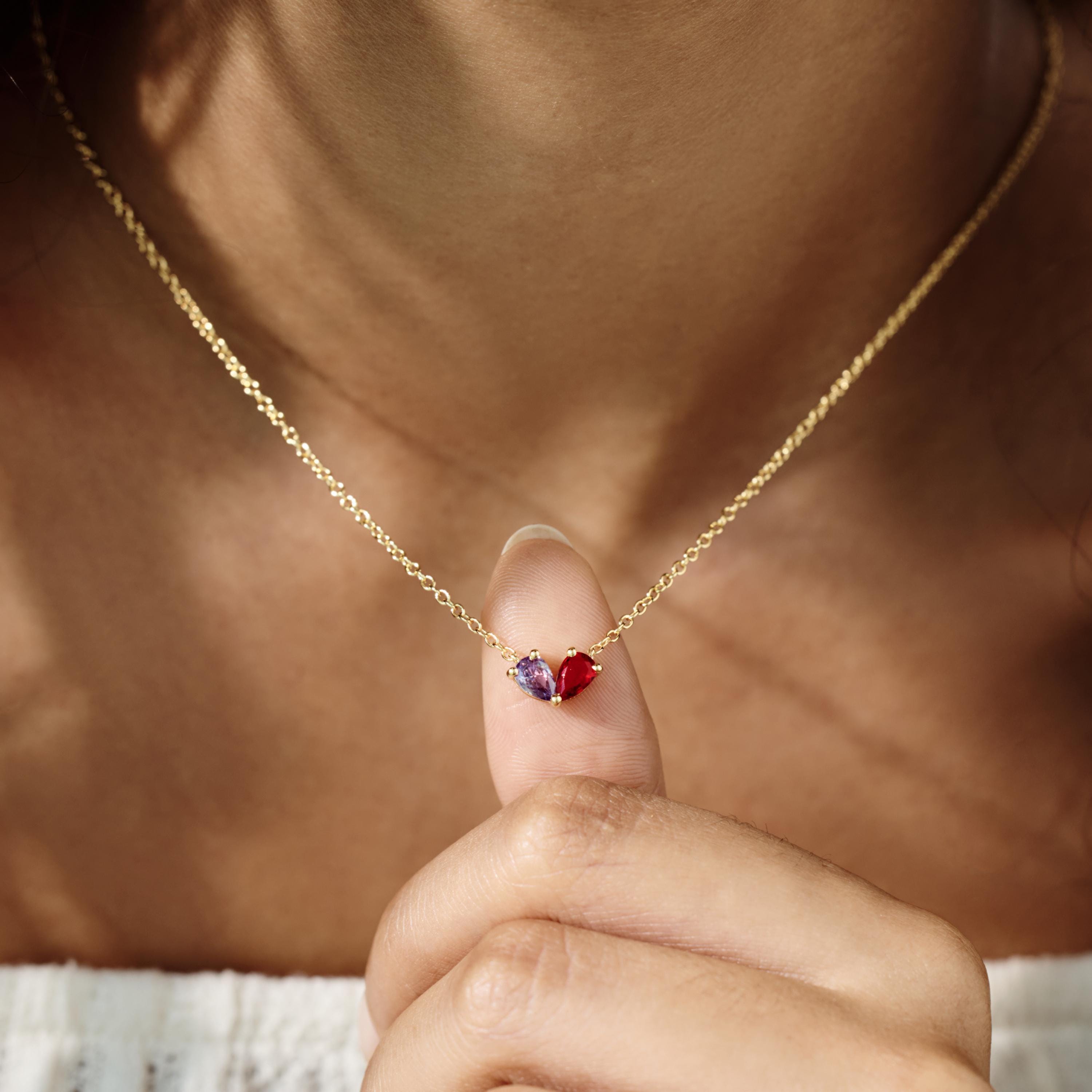 14K Gold Plated Couple Heart Birthstone Necklace with Two Teardrop Stones