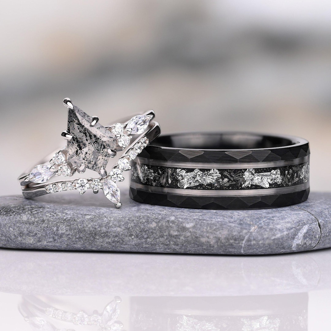 Black Tungsten Meteorite Band and Sterling Silver Salt and Pepper Ring Set