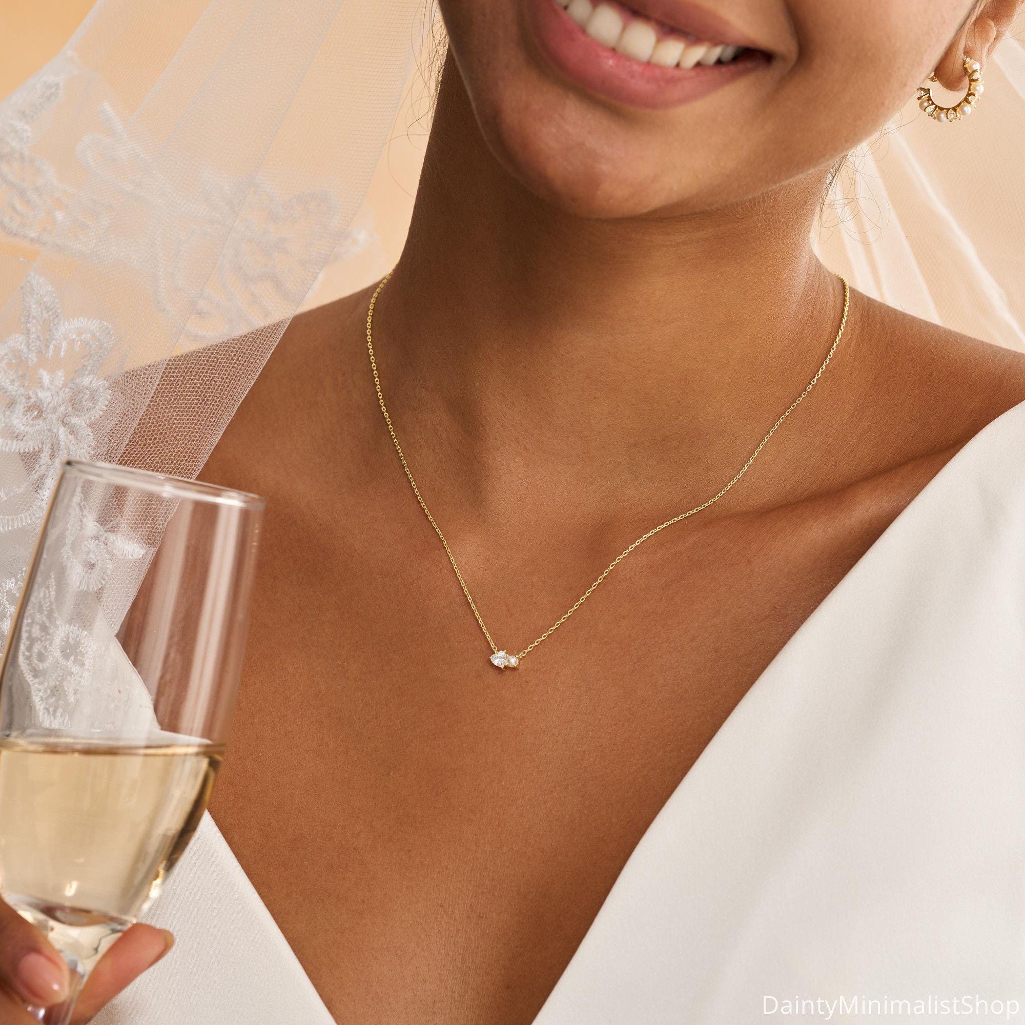 Dainty Pearl Necklace with Heart CZ Diamond in 14K Gold Plated Copper